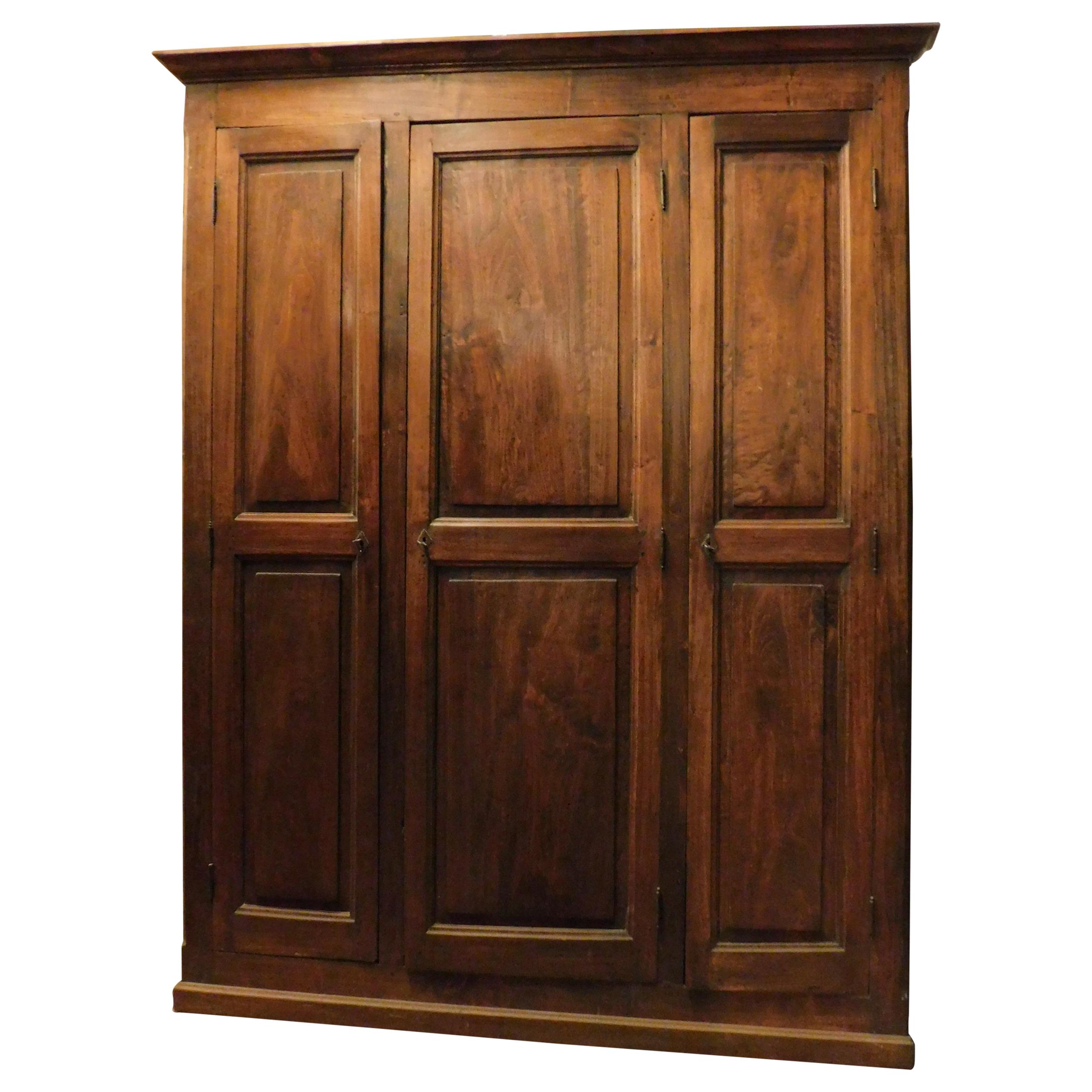 Antique Placard, Brown Poplar Wardrobe with Three Doors, 19th Century Italy For Sale