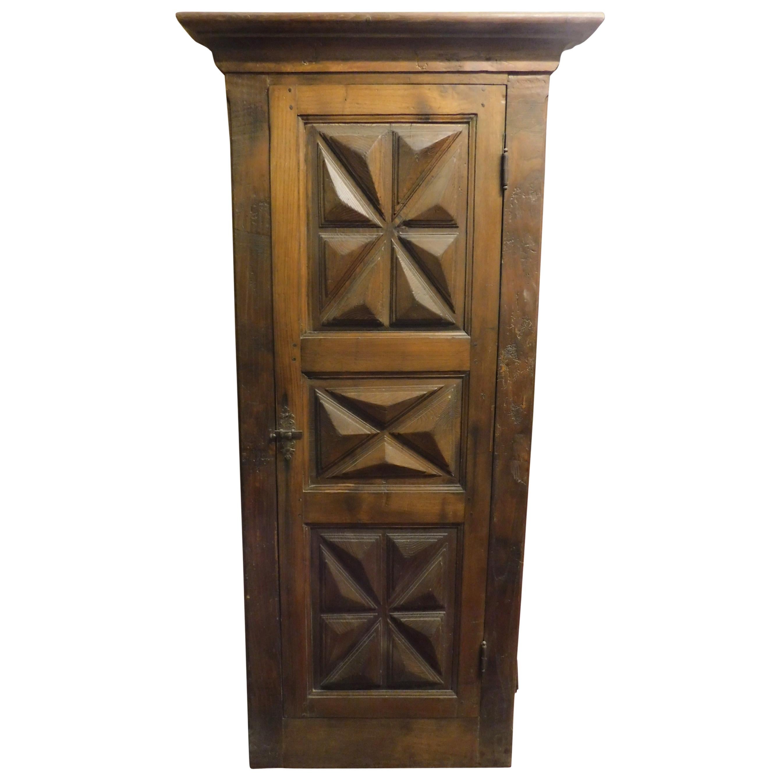 Antique Placard, Diamond Carved Wall Cupboard, Walnut with Frame, 1700, Italy