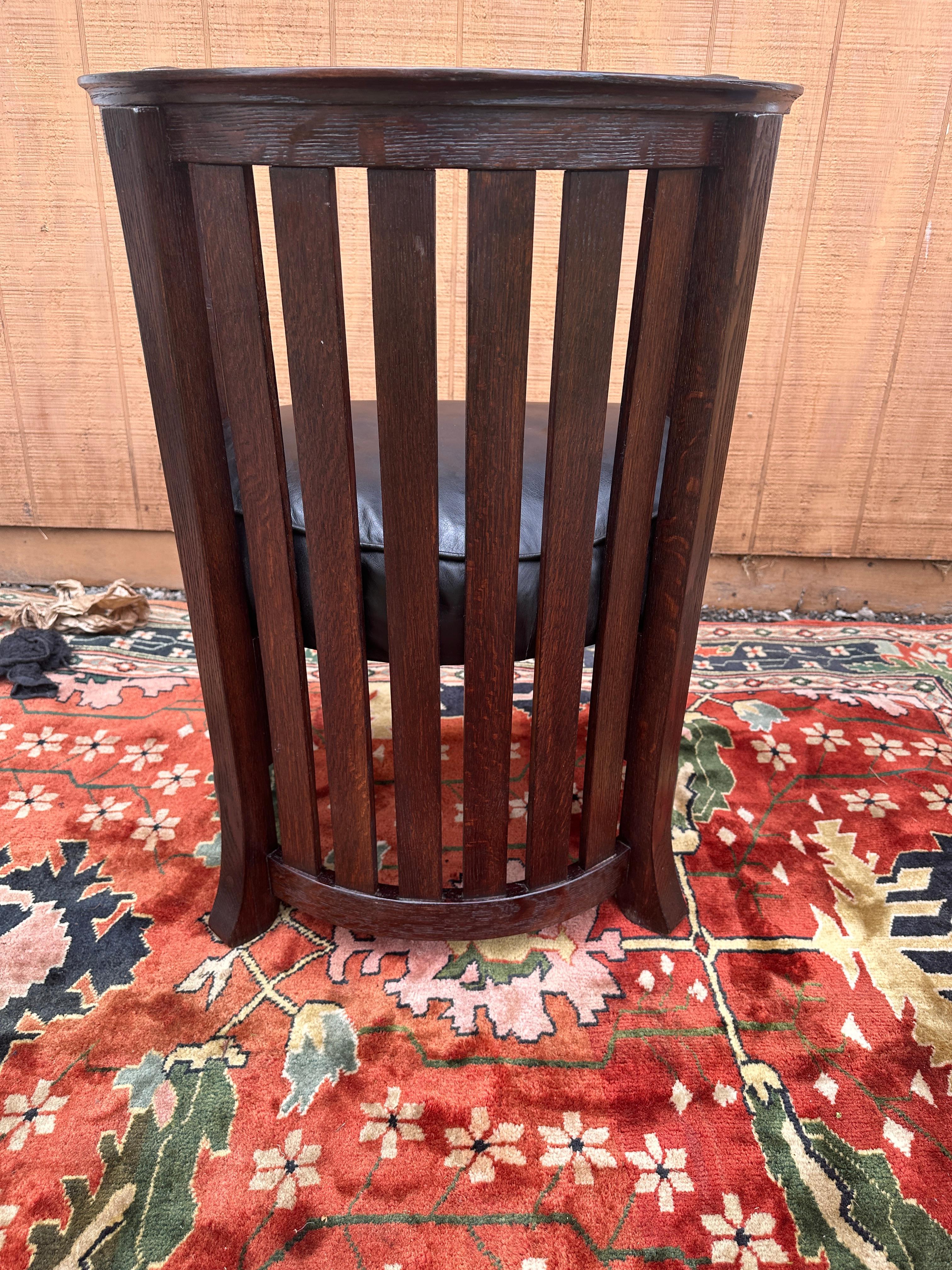 Leather ANTIQUE PLAIL BROTHERS  Even Arm, High Back Barrel Chair - Stickley era - W4844 For Sale