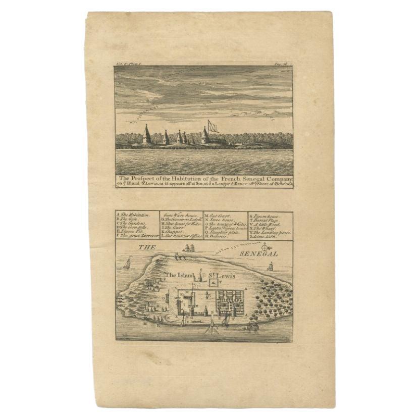 Plan et vue antique de Saint-Louis, Senegal, Afrique, 1746