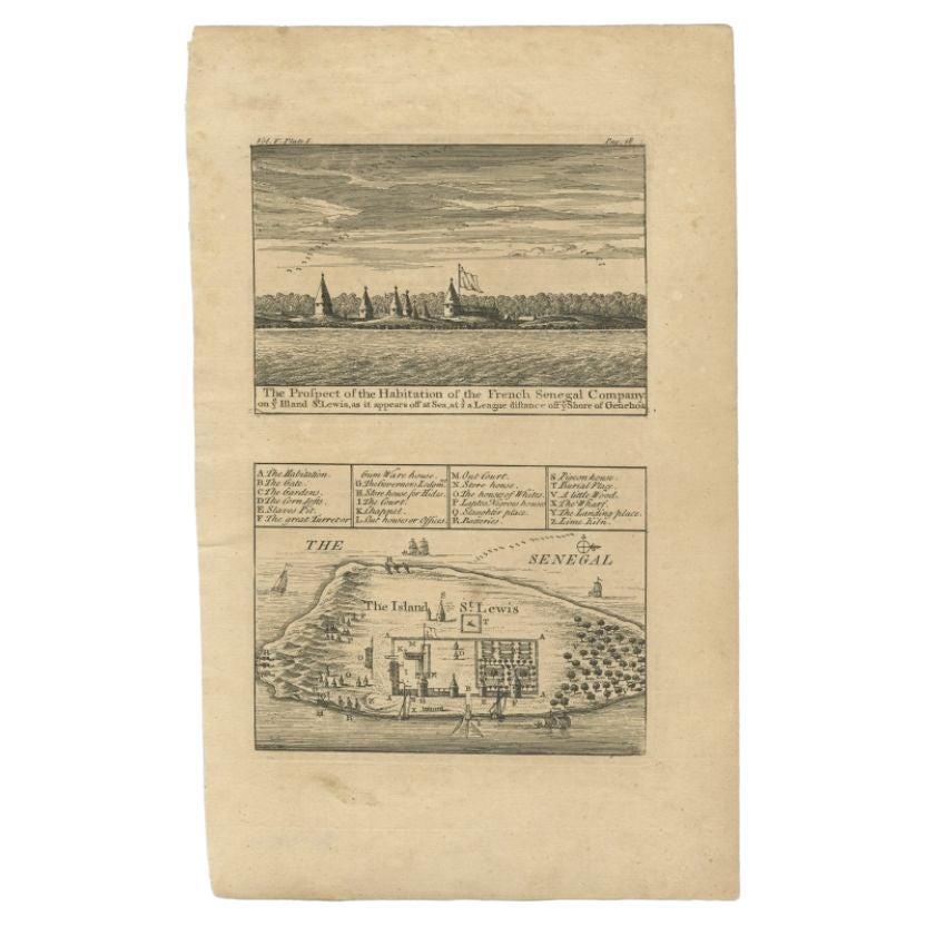 Antique Plan and View of Saint-Louis, Senegal, Africa, 1746