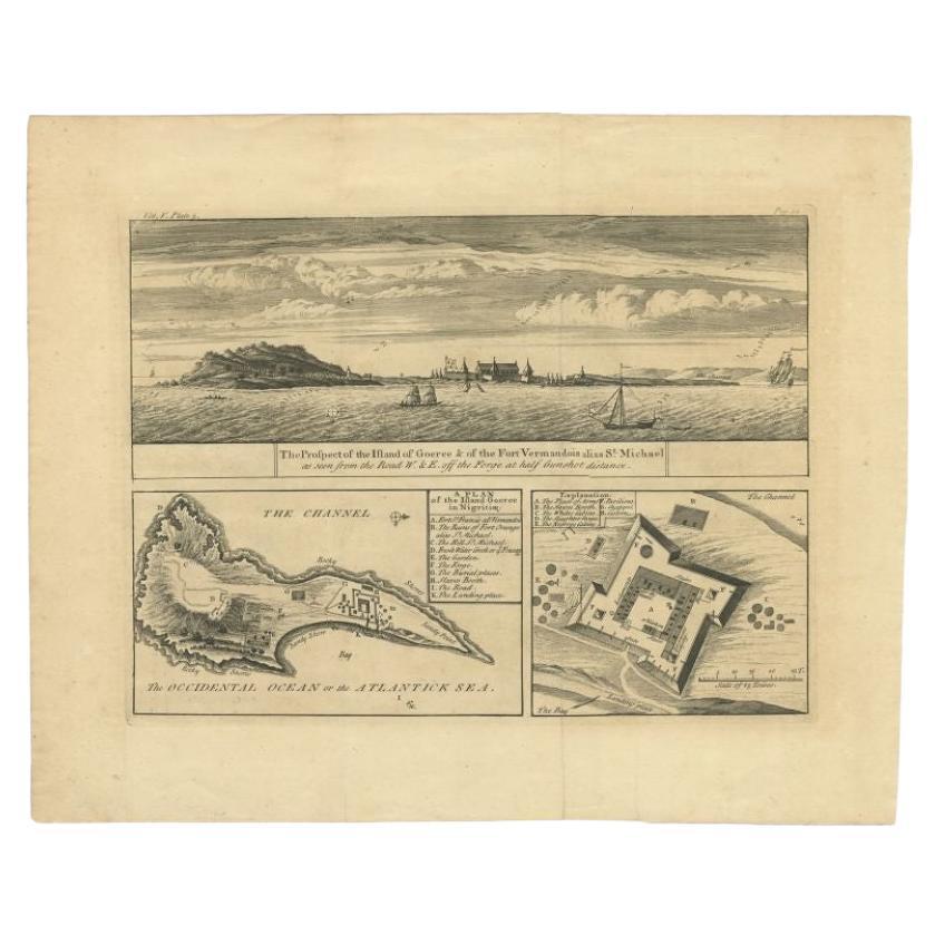 Antiker Plan und Ansichten der Insel Gorée, Dakar, Senegal, 1746