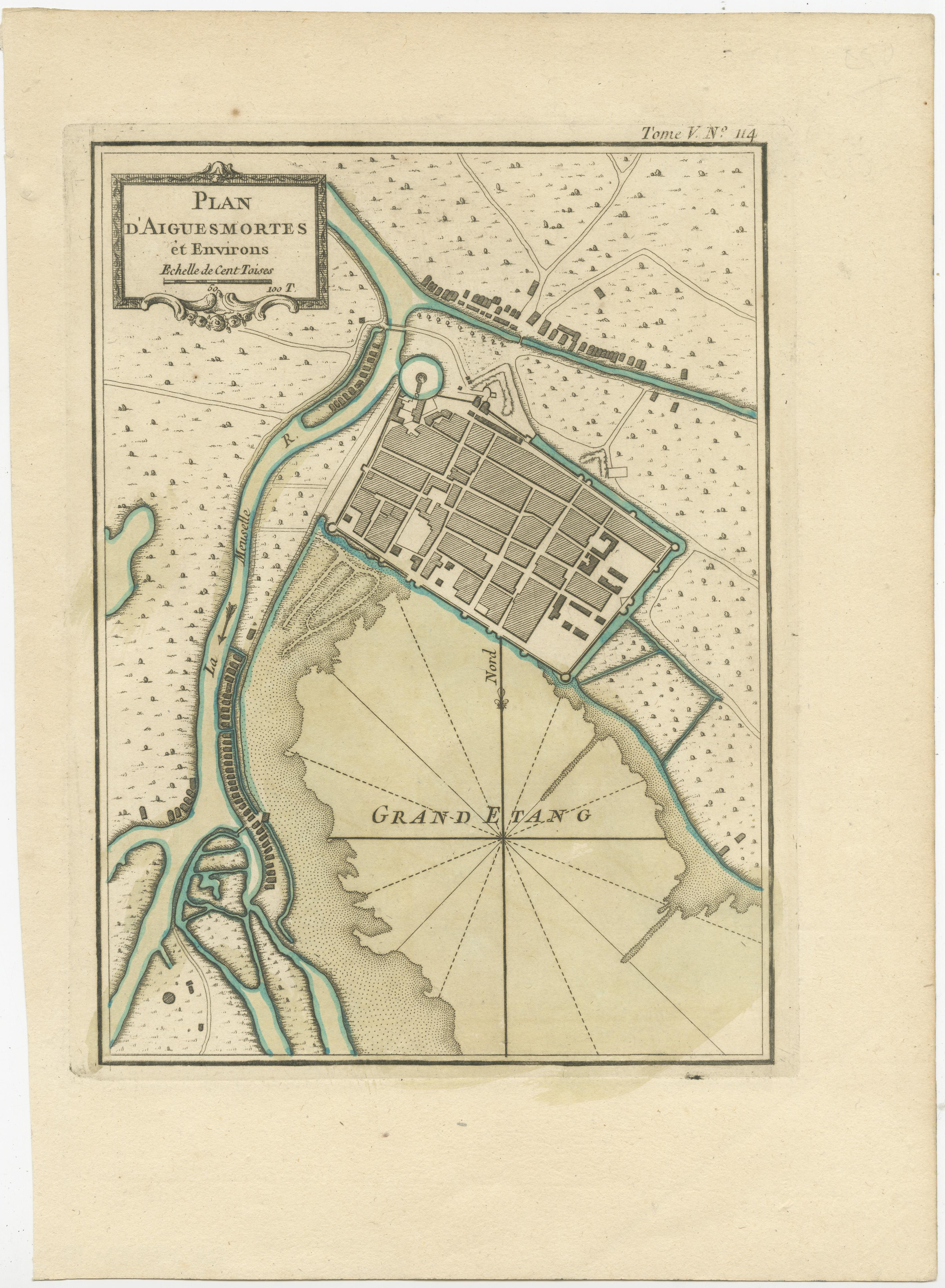 Antique map titled 'Plan d'Aiguesmortes et environs'. Original plan of the region of Aigues-Mortes, France. This map originates from 'Le Petit Atlas Maritime (..)' by J.N. Bellin. Published 1764. 

Bellin was an important maker of charts for the