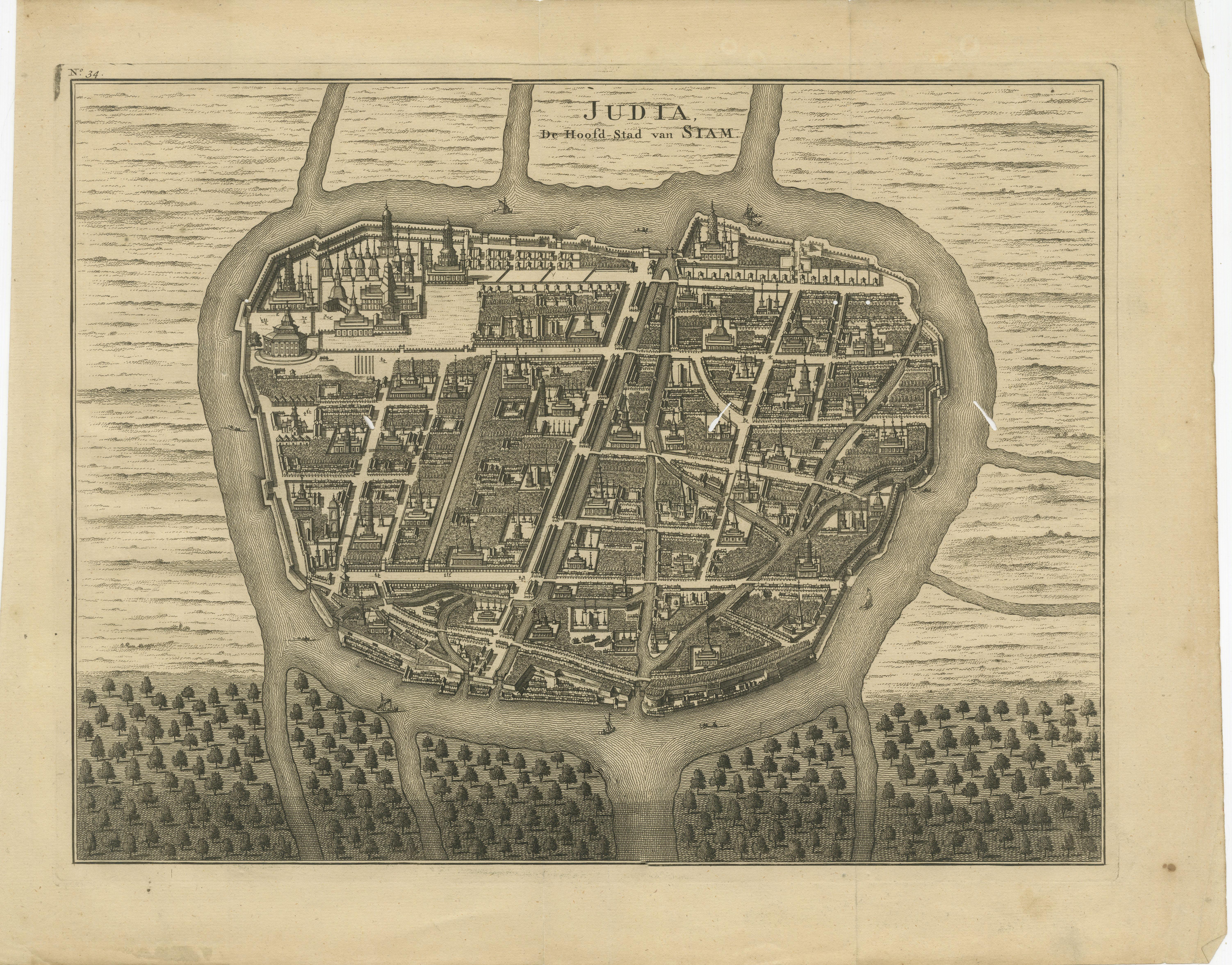 Antique map titled 'Judia, De Hoofd-Stad van Siam'. Antique plan of Ayutthaya, the capital of Siam (Thailand). This print originates from 'Oud en Nieuw Oost-Indiën' by F. Valentijn.

François Valentijn (1666-1727), a missionary, worked at Amboina