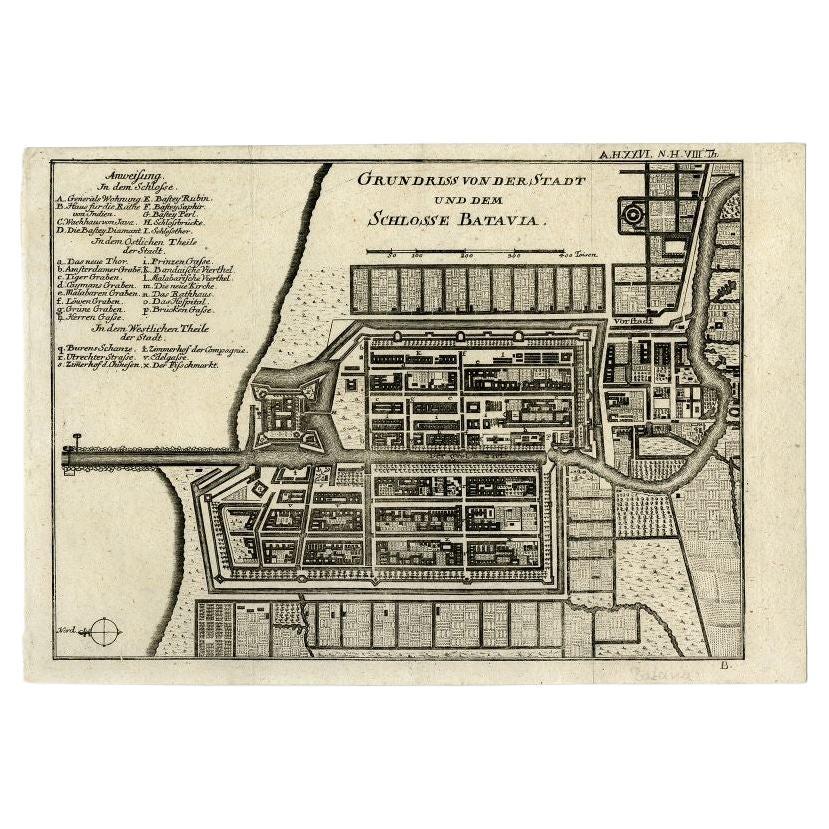 Plan ancien de Batavia et du château dans les Indes orientales néerlandaises, 1763