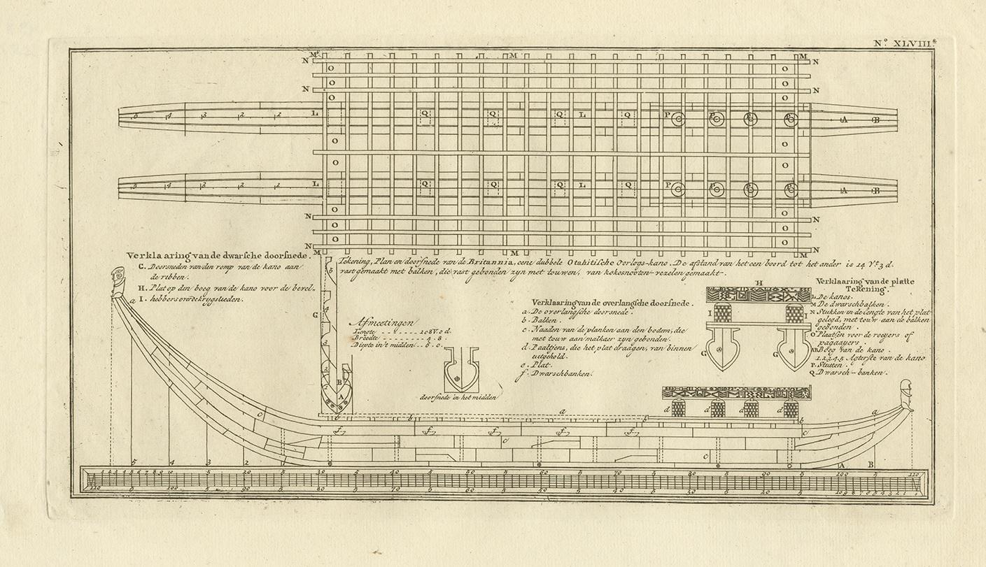 Antique print titled 'Tekening, Plan en Doorsnede van de Britannia (..)'. This print depicts the the Tahiti war Canoe, double connected with beams and bonded with coconut ropes. Originates from 'Reizen rondom de Waereld' by J. Cook. Translated by