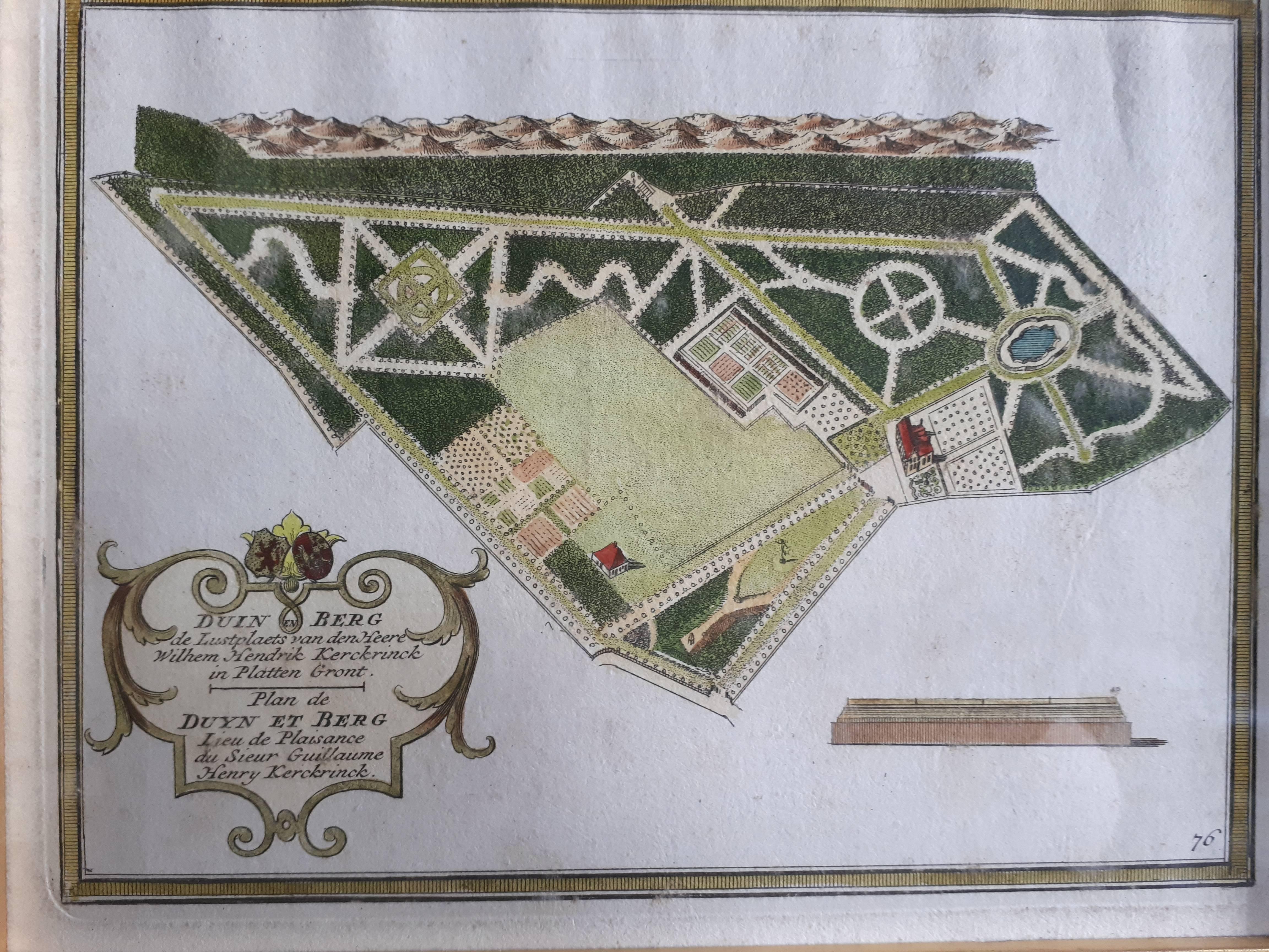 Antique plan titled 'Beschrijving Duin en Berg, de Lustplaets van den Heere Wilhem Hendrik Kerckrinck in Platten Gront'. Decorative cartouche with Dutch and French text. This plan originates from 'Het zegepralent Kennemerland', by H. de Leth and M.