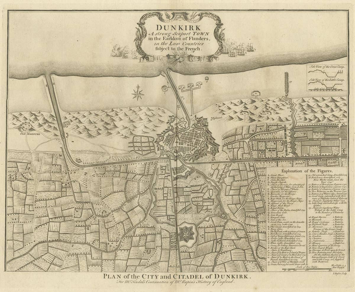 Antique Plan of Dunkirk by Basire 'c.1785'