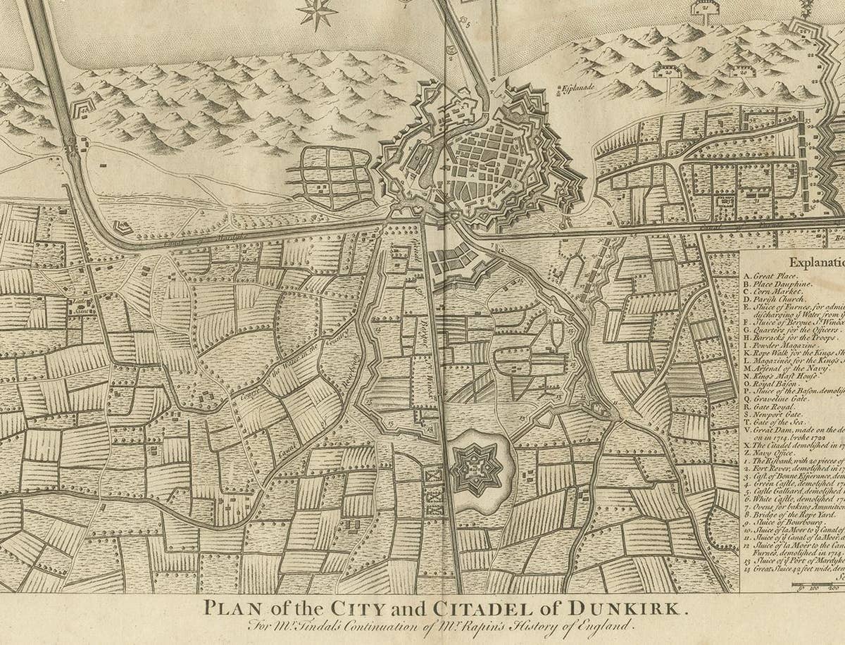 Antique Plan of Dunkirk by Basire 'c.1785'
