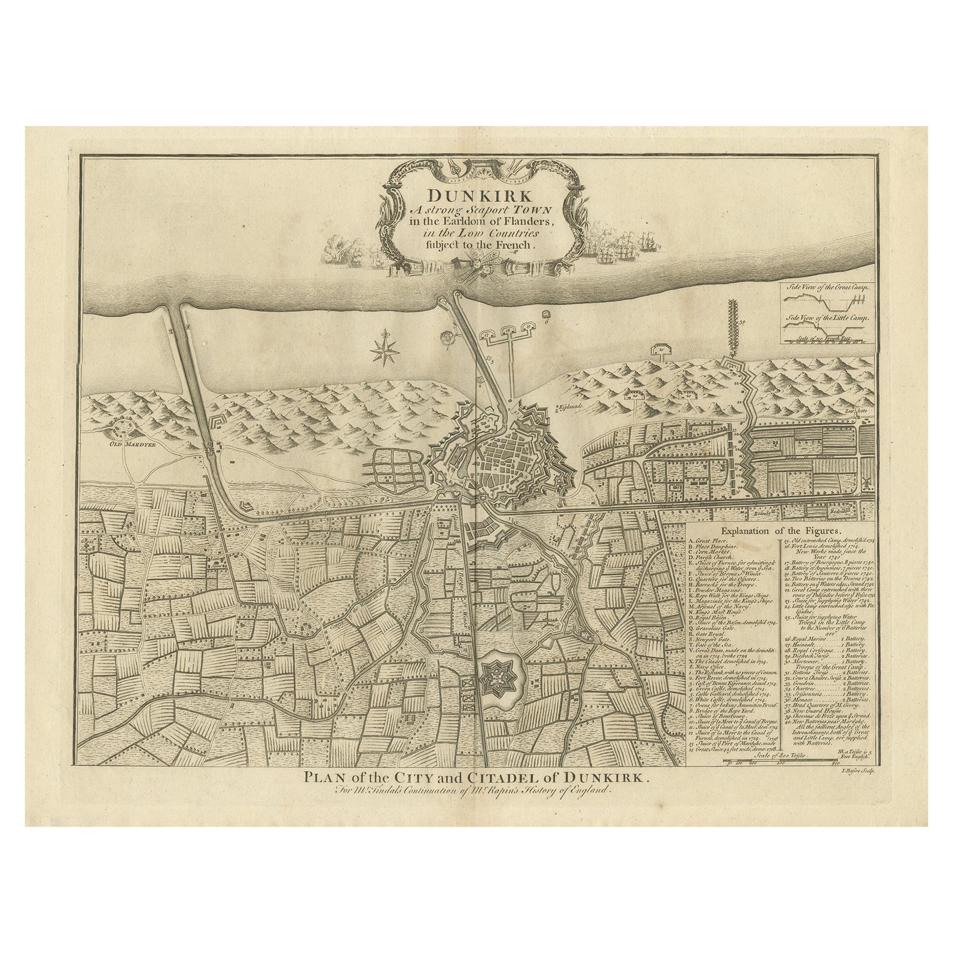 Antique Plan of Dunkirk by Basire 'c.1785'