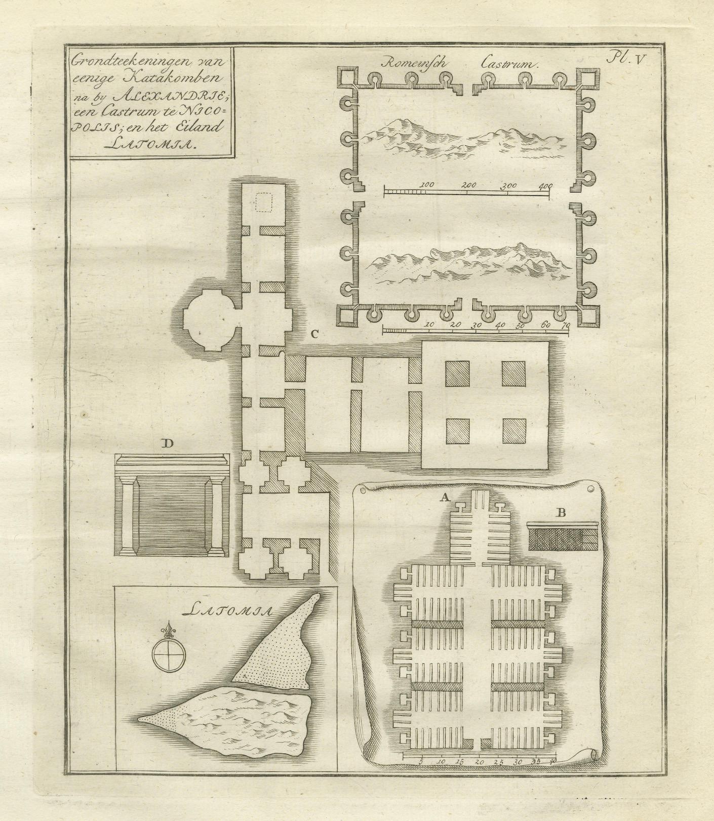 Plano antiguo de las catacumbas egipcias Necrópolis de Alejandría Latomia 1776

Este grabado original del siglo XVIII presenta un plano arquitectónico detallado de varias catacumbas y ruinas de Alejandría (Egipto) y sus alrededores, según la