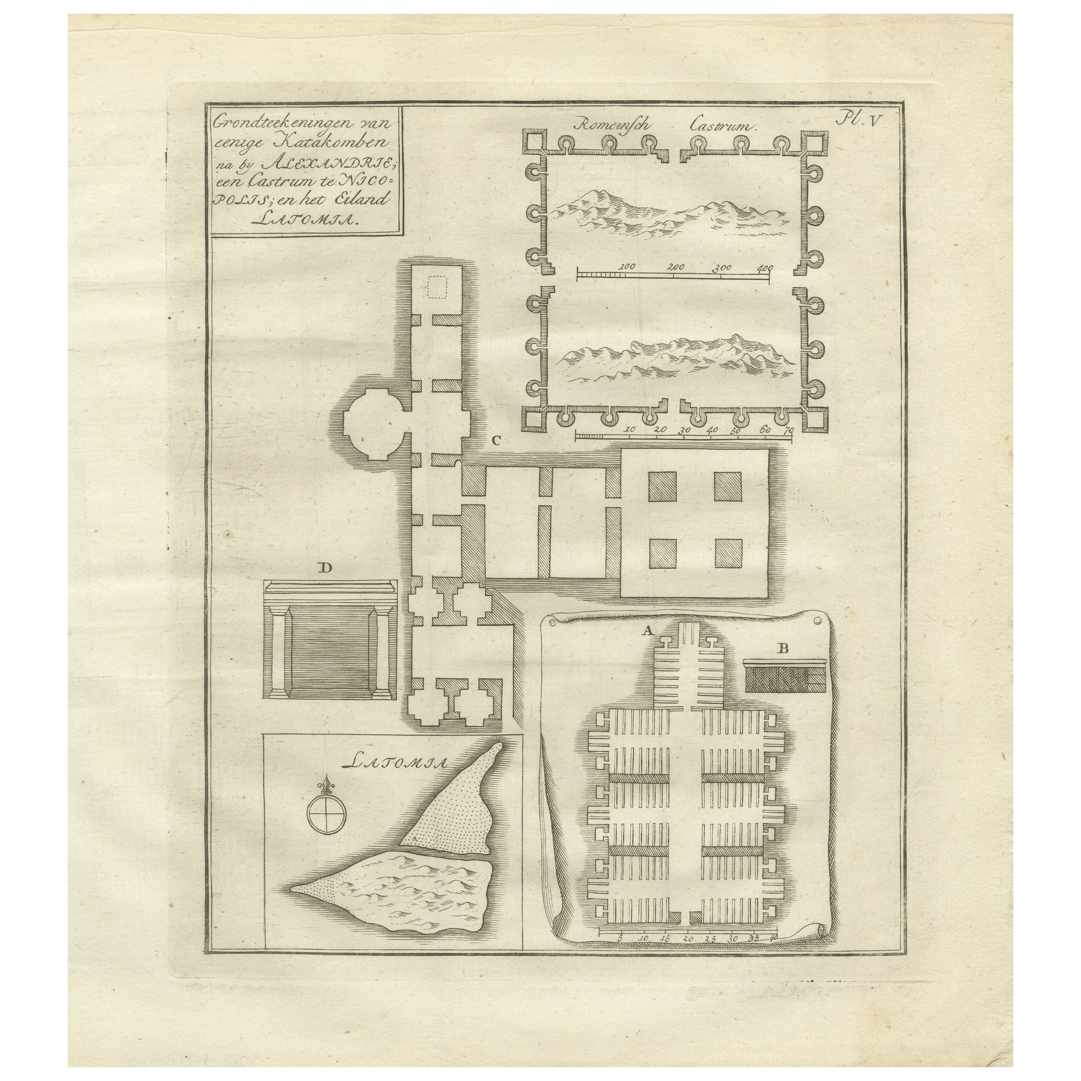 Plano antiguo de las catacumbas egipcias Necrópolis de Alejandría Latomia, 1776