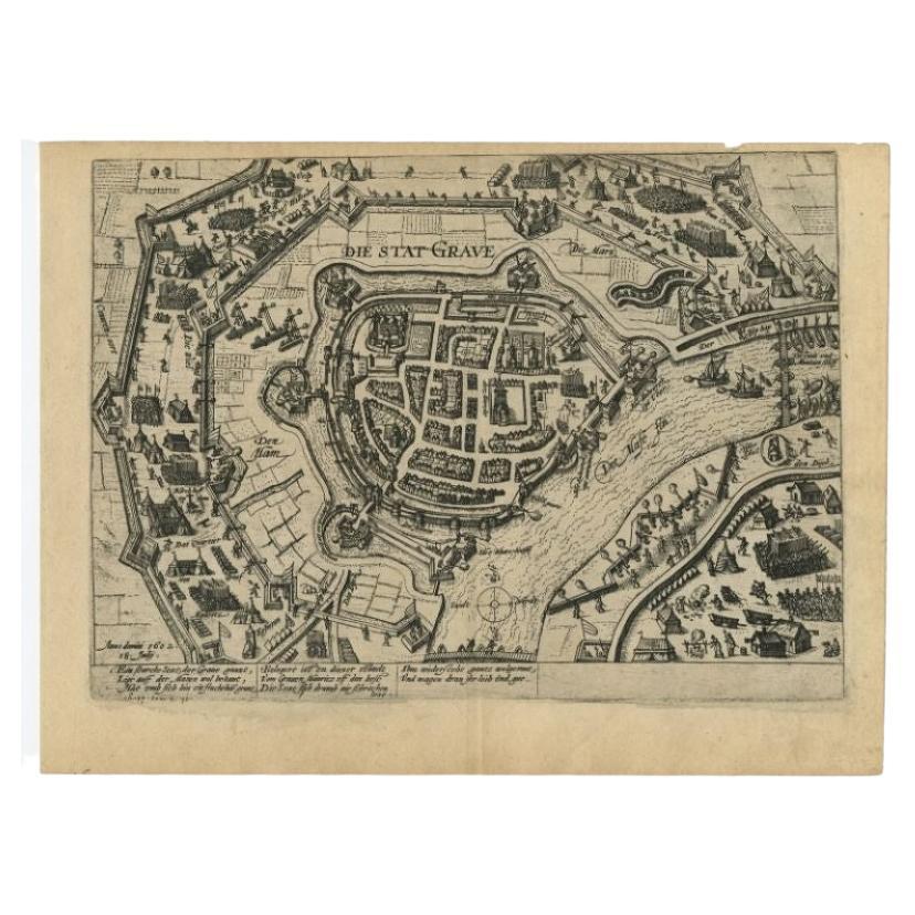 Plan antique de Grave, Pays-Bas, montrant la Siege de Grave en 1602