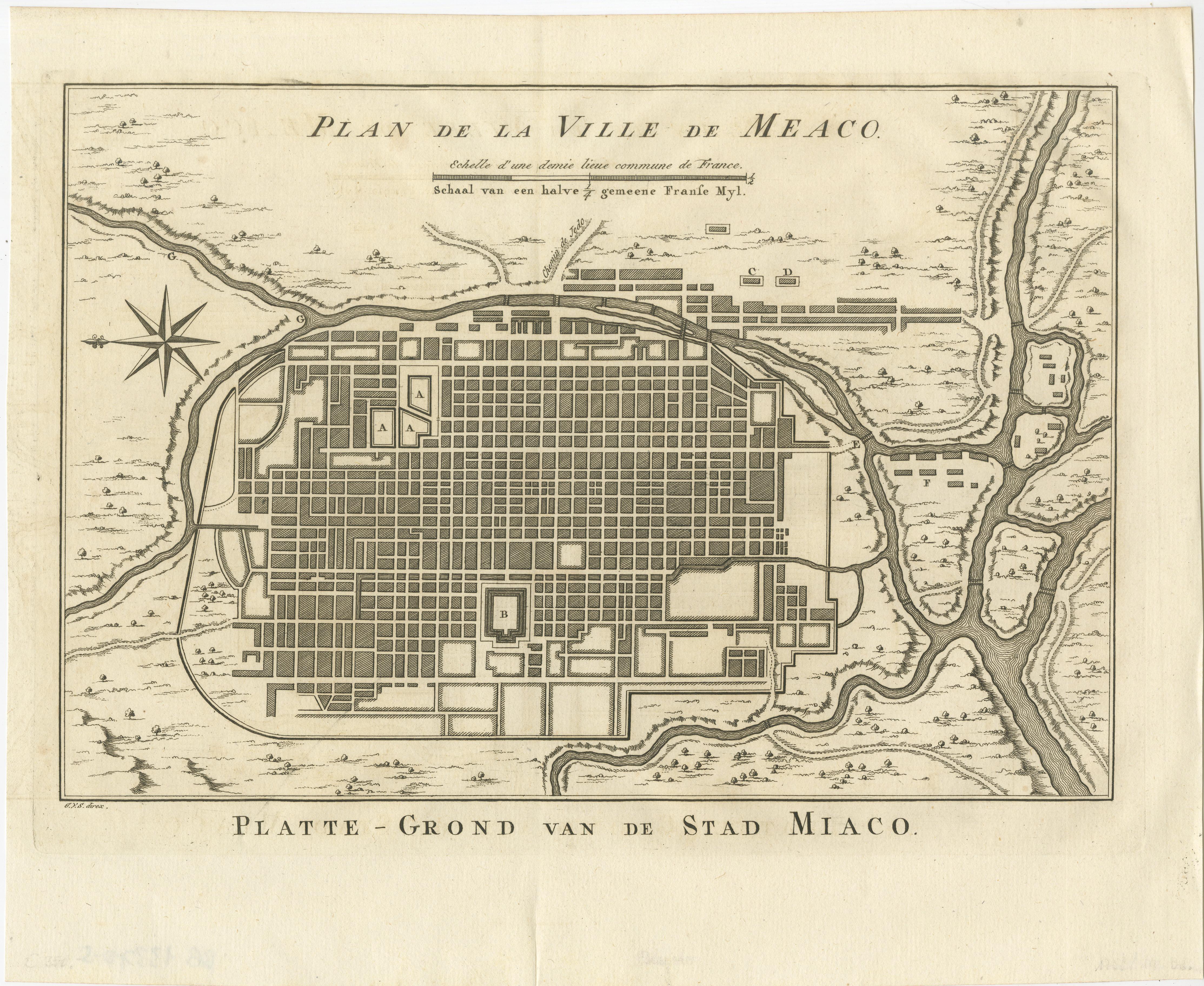 Antique map titled 'Plan de la Ville de Meaco - Platte-Grond van de Stad Miaco'. Detailed and unusual antique copper engraved plan of Kyoto, ancient named Meaco, when it was the capital of Japan. The block pattern of the city is laid out and is