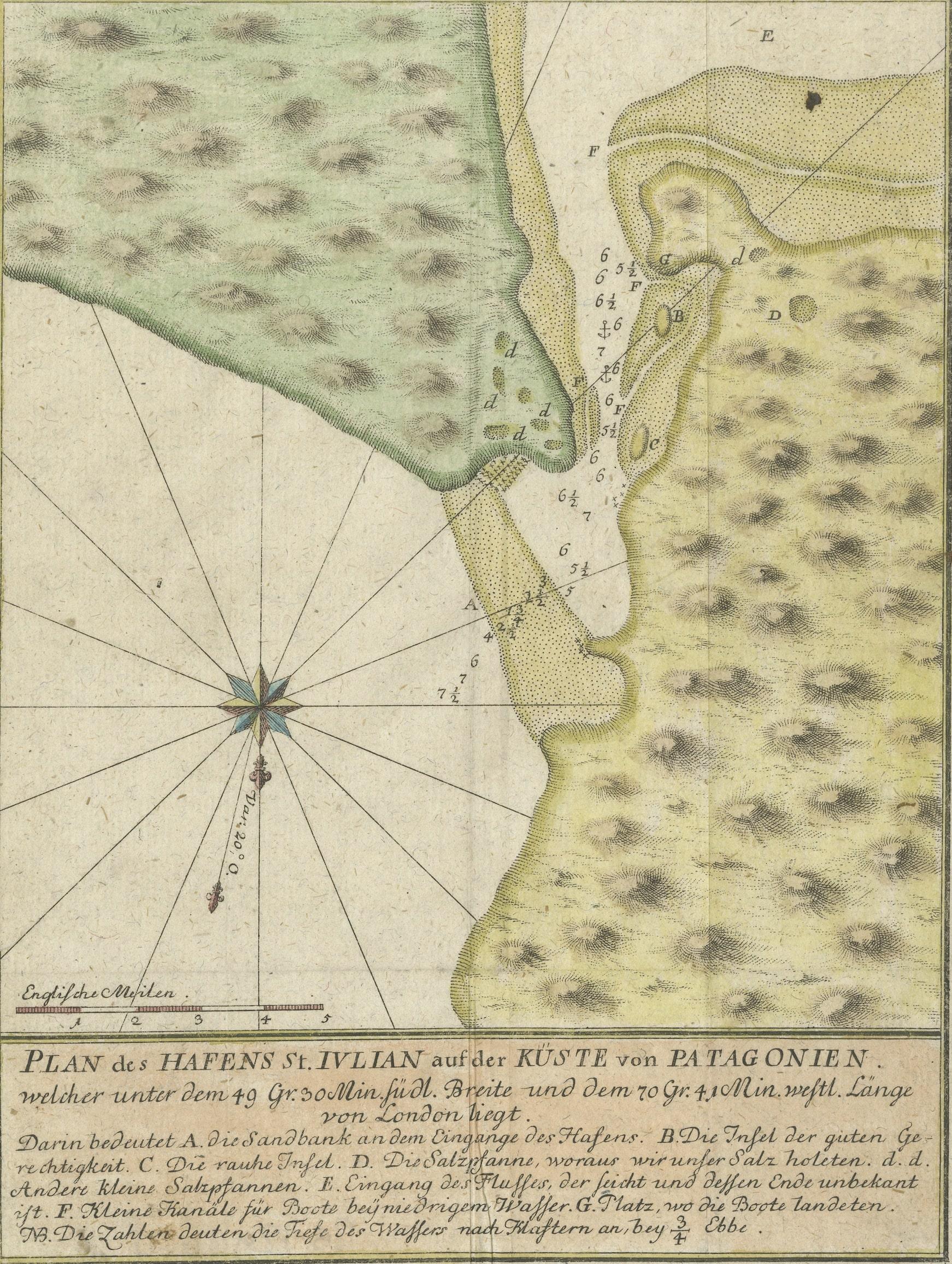 Antique map titled 'Plan des Hafens St. Iulian auf der Küste von Patagonien'. Plan of St. Julian's Harbour on the Coast of Patagonia. This map originates from a German edition of 'Voyage around the World' by Lord George Anson. Published 1763.