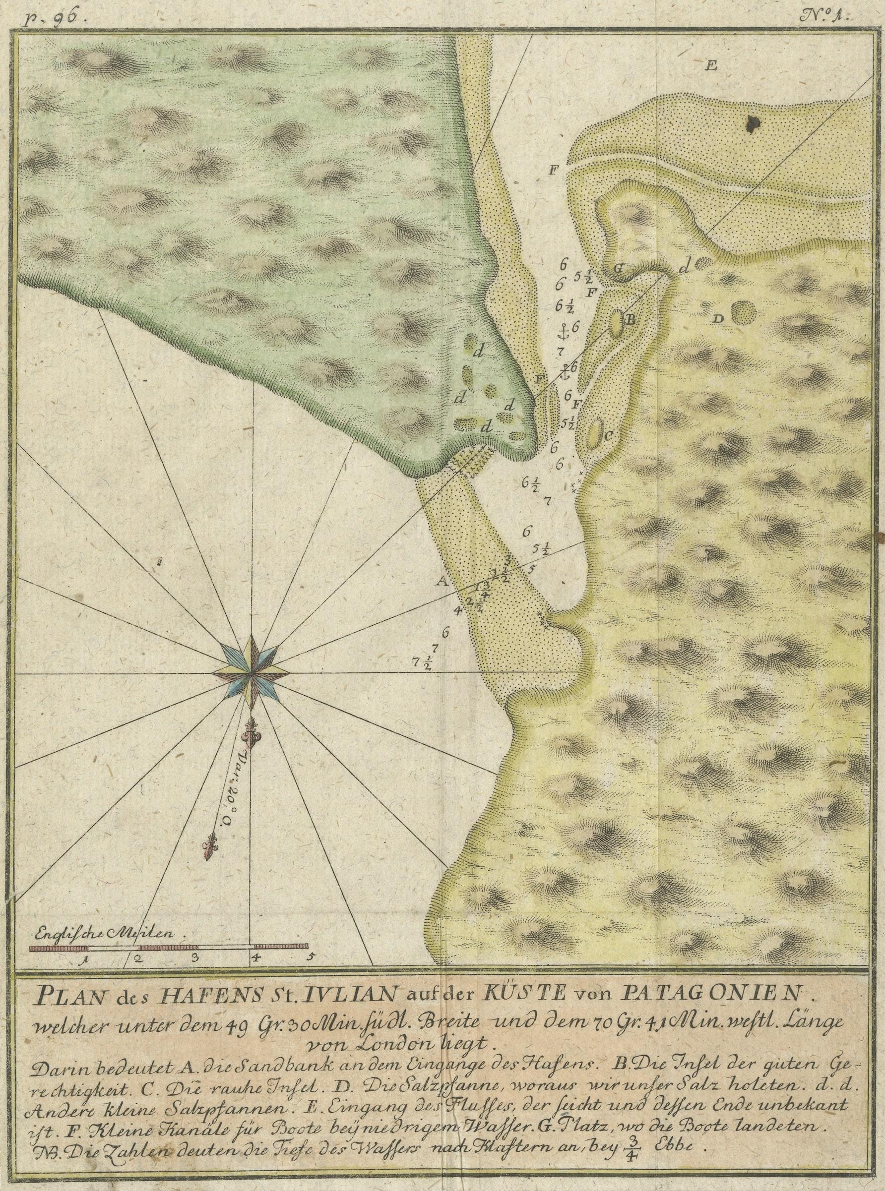 18th Century Antique Plan of Plan of St. Julian's Harbour on the Coast of Patagonia For Sale