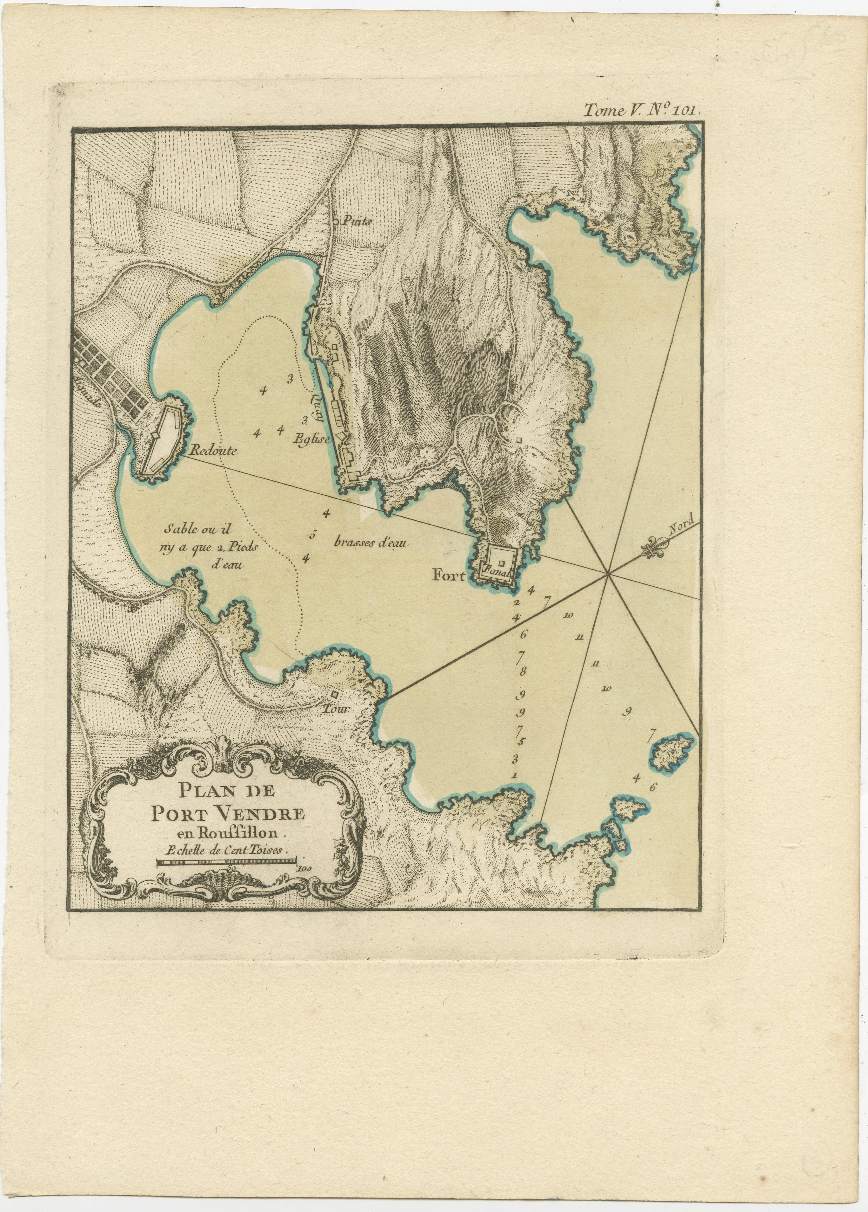 Antique map titled 'Plan de Port Vendre en Roussillon'. Original plan of Port-Vendres, Roussillon, France. This map originates from 'Le Petit Atlas Maritime (..)' by J.N. Bellin. Published 1764. 

Bellin was an important maker of charts for the