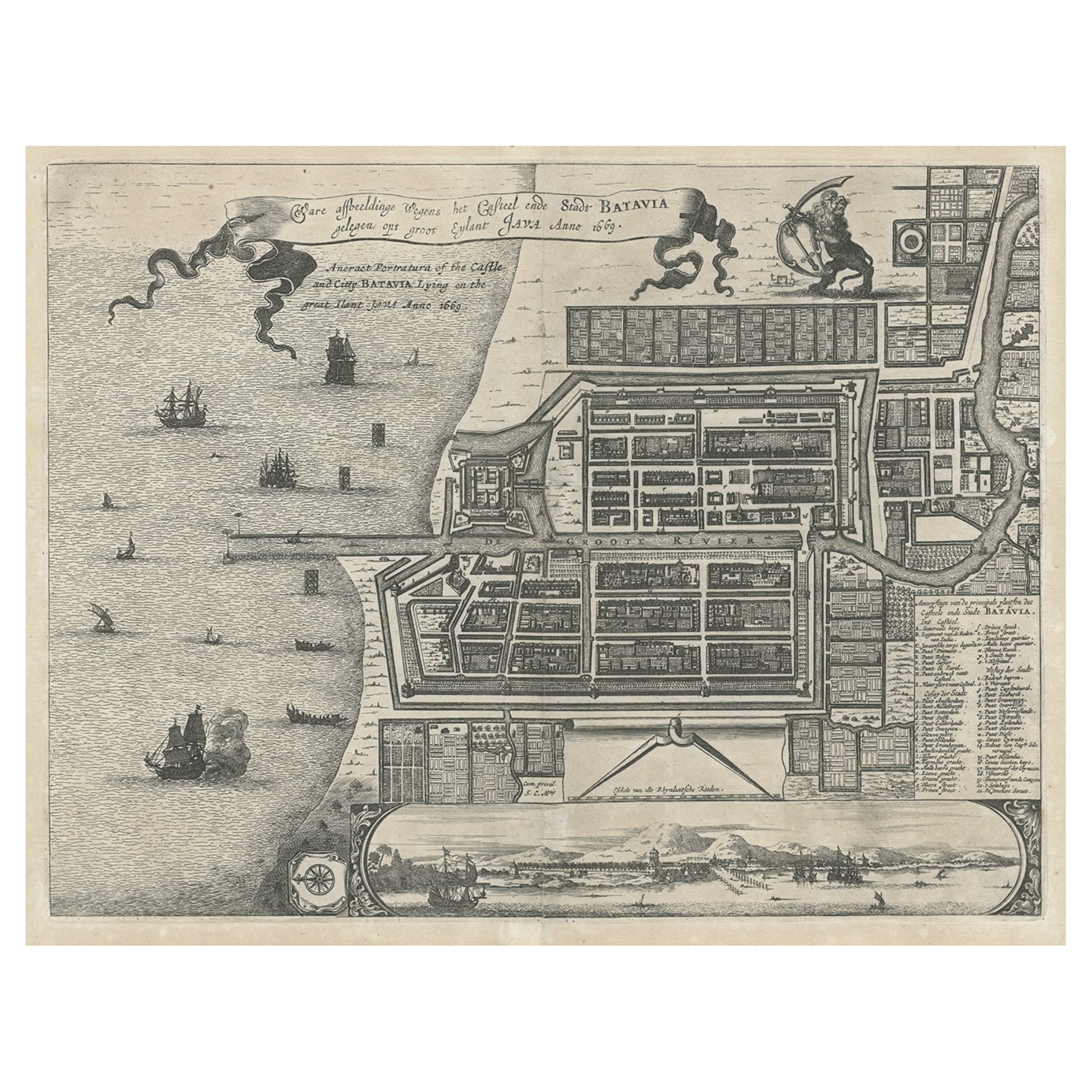 Plan antique du château et de la ville de Batavia « Jakarta » sur Java, Indonésie, vers 1669