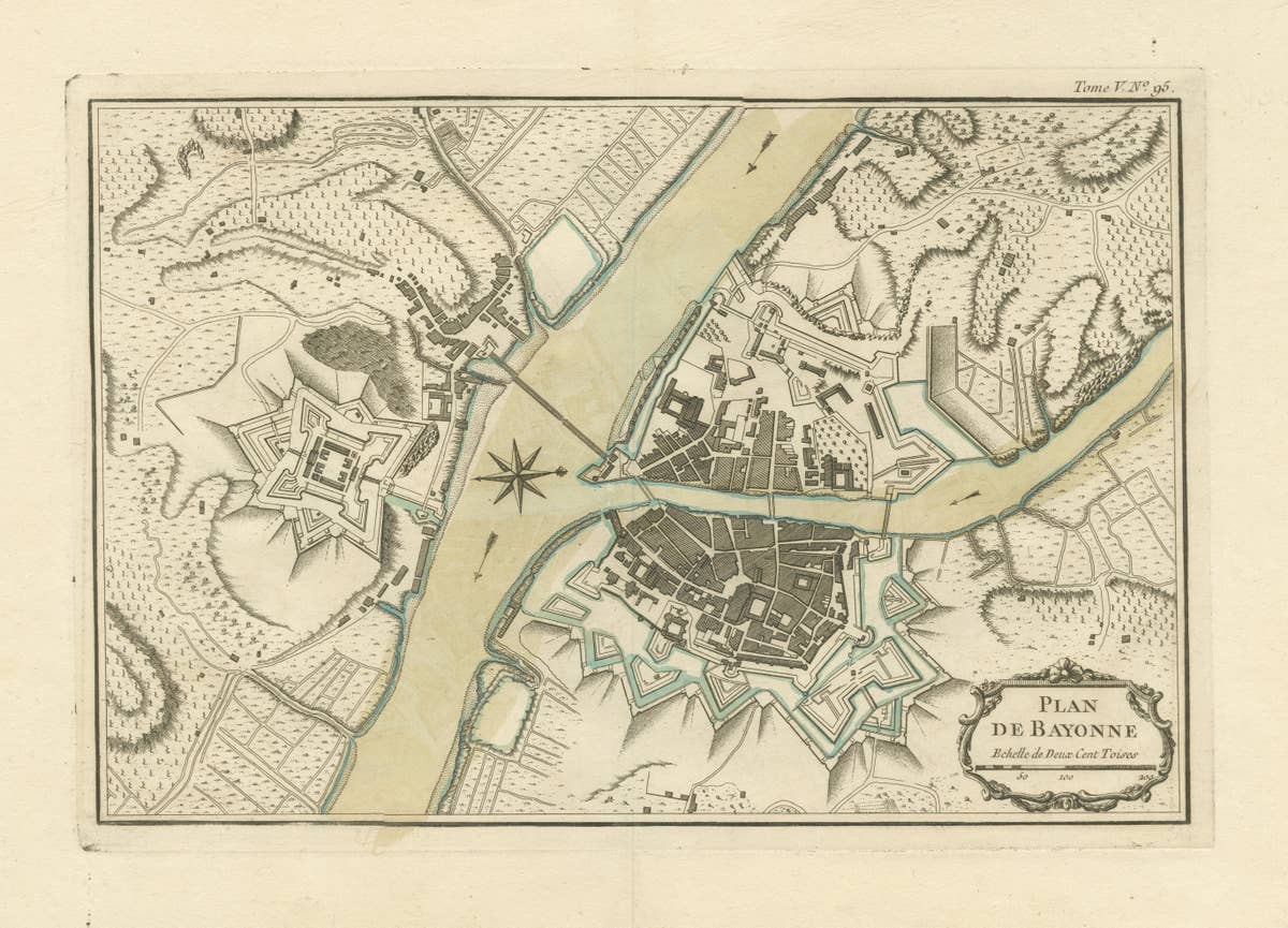 Antique Plan of the City of Bayonne, France