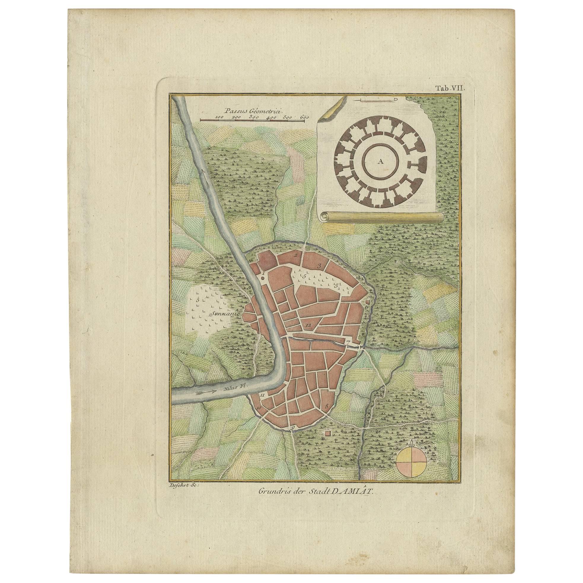 Antiker Plan der Stadt Damietta, Ägypten, von C. Niebuhr, 1774