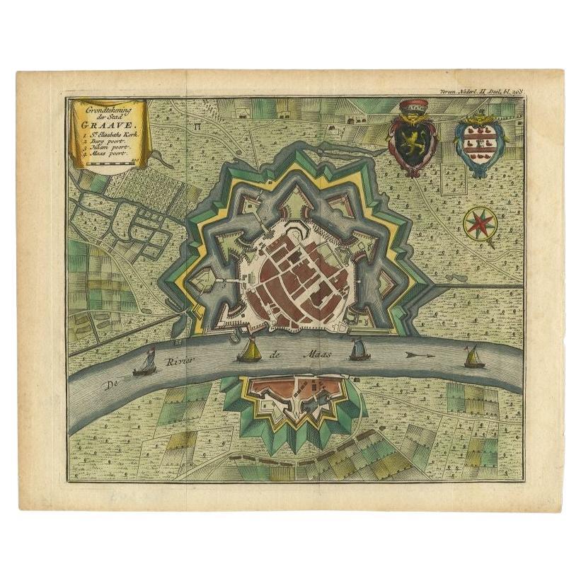 Antique Plan of the City of Grave in Holland With Coats of Arms and Compass Rose For Sale