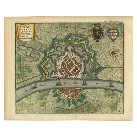 Antique Plan of the City of Grave, Holland - Coats of Arms & Compass Rose, 1750