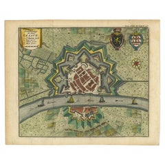 Plan ancien de la ville de Grave en Hollande avec des armoiries et une boussole