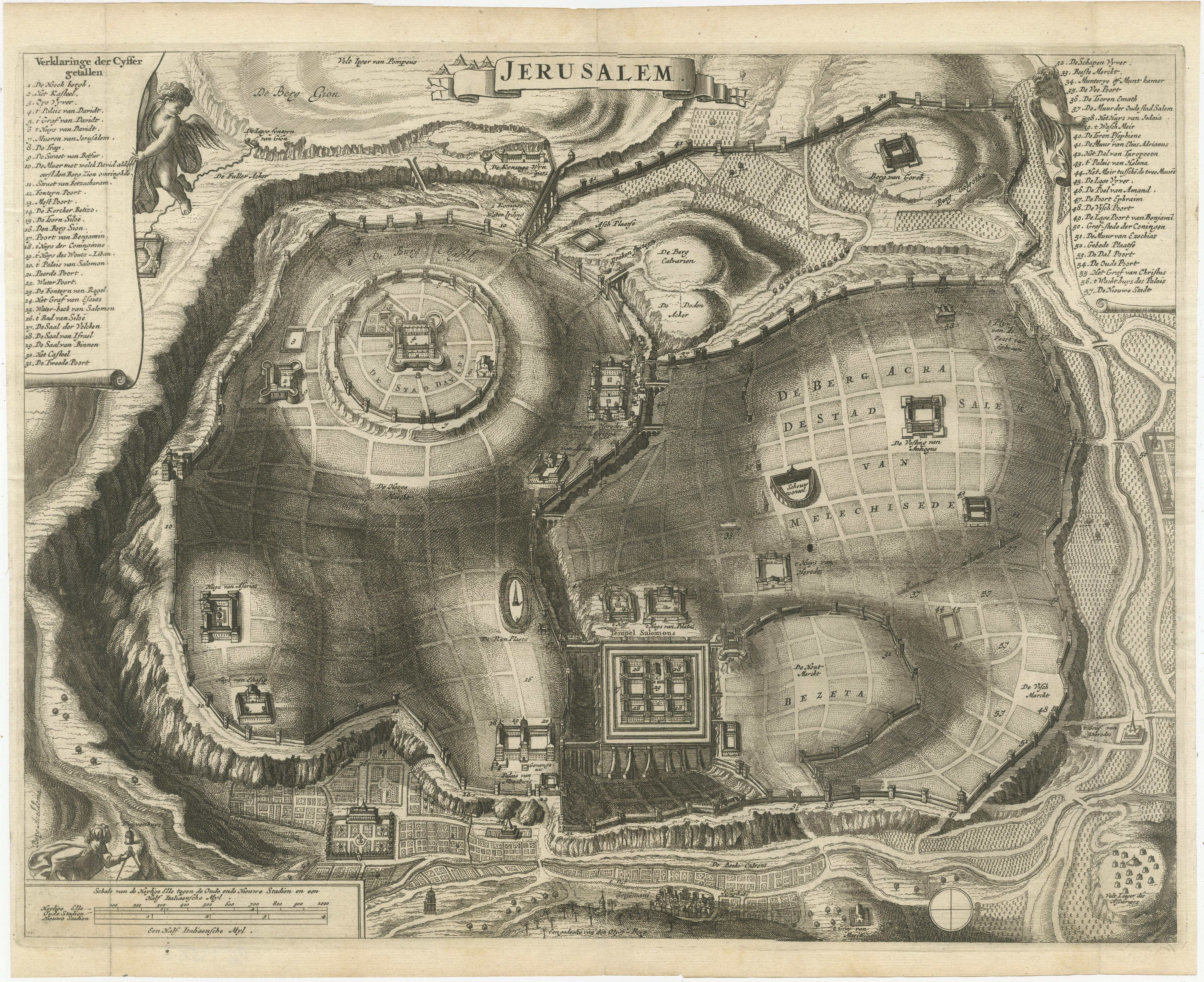 Antique map titled 'Jerusalem.' Plan of the ancient city of Jerusalem. With extensive key and scale. Source unknown, to be determined.

Cornelis de Bruijn (also spelled Cornelius de Bruyn)(1652 - 1726/7) was a Dutch artist and traveler. He made two