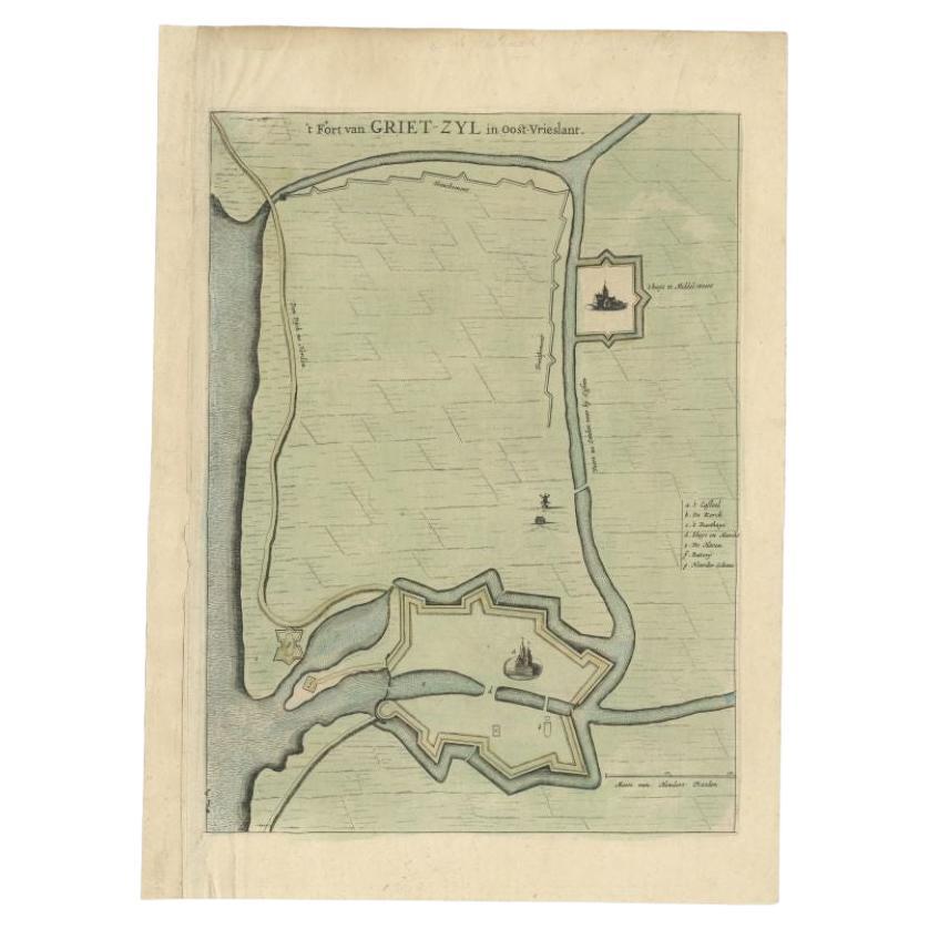 Antique Plan of the Fortress of Greetsiel, Germany, by Blaeu, c.1650 For Sale