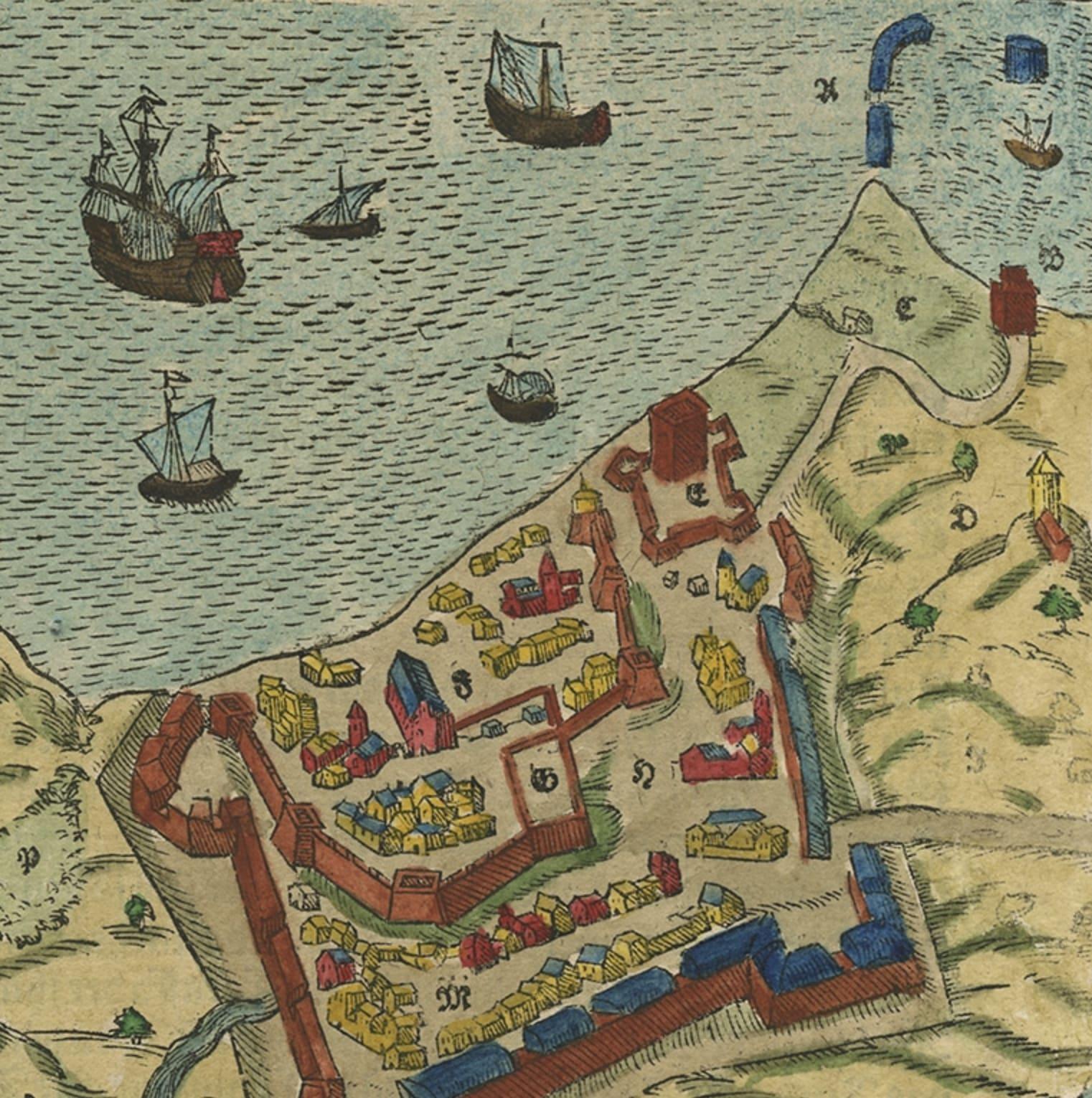 Plan antique original du port de Nettuno, près de Rome, par Munster, vers 1580 Bon état - En vente à Langweer, NL