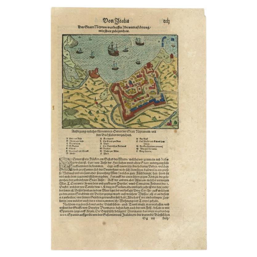 Antique map titled 'Der Statt Neptun (.).' Detailed plan of the Harbor of Nettuno, near Rome, from Munster's Cosmographia, one of the most influential cartographic works of the 16th century.

The antique map titled 'Der Statt Neptun (.),'