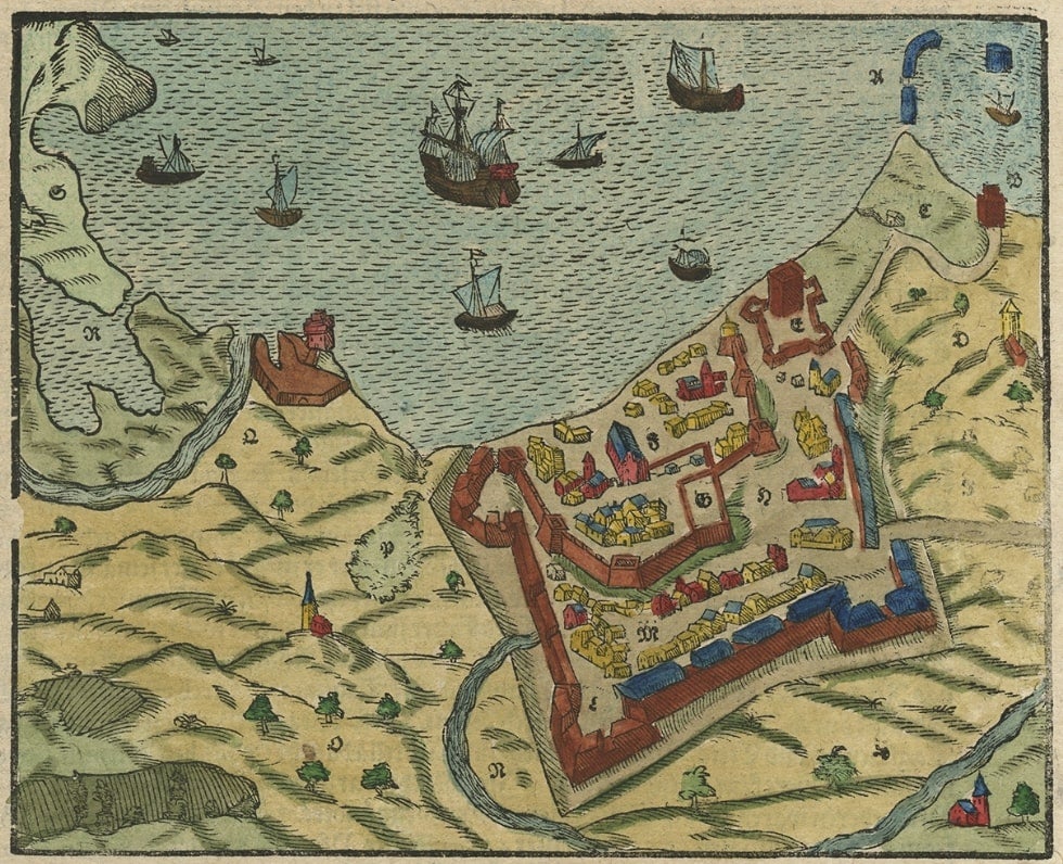 Plan antique original du port de Nettuno, près de Rome, par Munster, vers 1580 en vente
