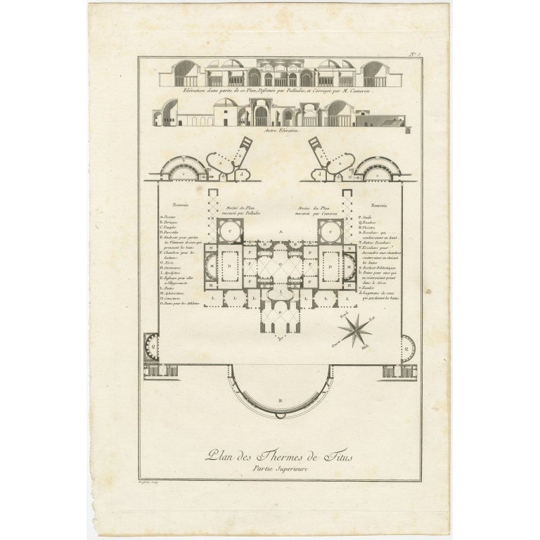 Antique print titled 'Plan des Thermes de Titus Partie Superieure'. 

Plan of the overground area of the Baths of Titus. The Baths of Titus or Thermae Titi were public baths (Thermae) built in 81 AD at Rome, by Roman emperor Titus. This print