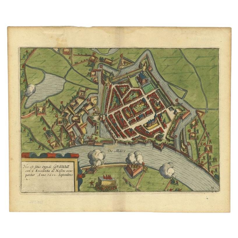 Antique Plan of the Siege of Grave by Guicciardini, c.1608 For Sale
