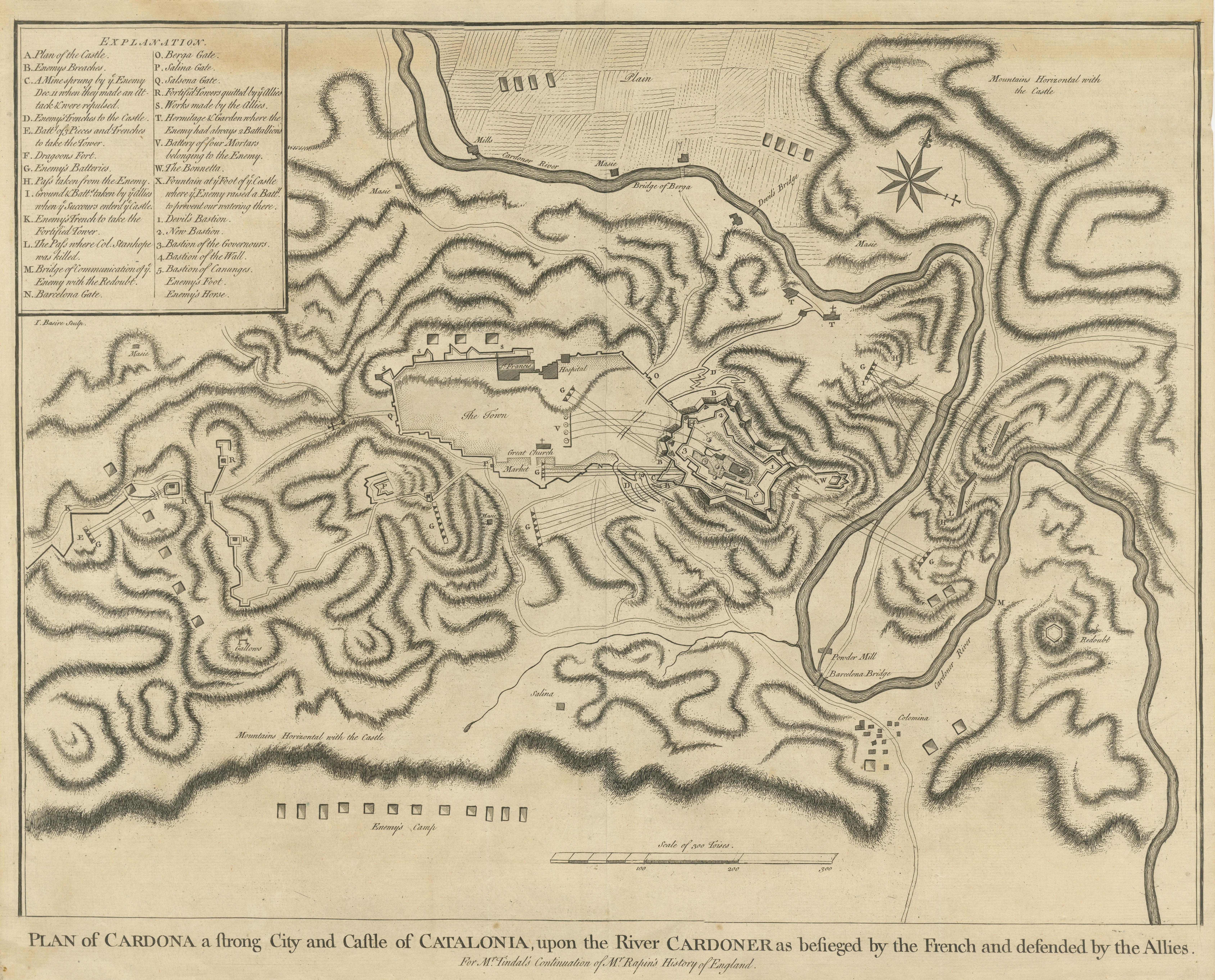 Antique Plan of the Siege of the Castle of Cardona in 1714 In Fair Condition For Sale In Langweer, NL