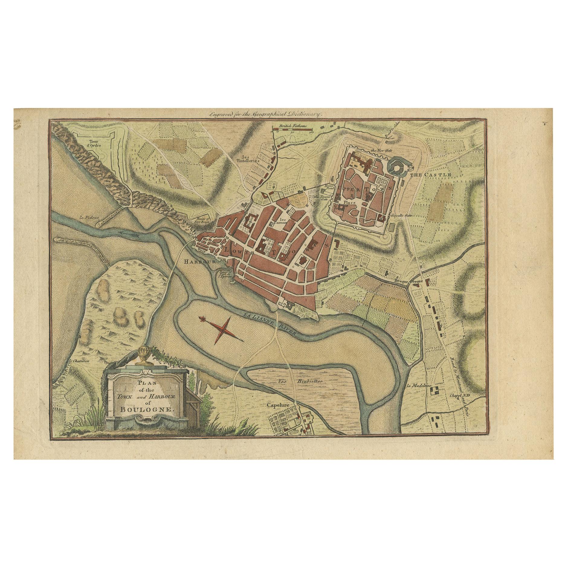 Antiker Plan der Stadt und des Hafens von Boulogne-sur-Mer von Barrow, um 1760