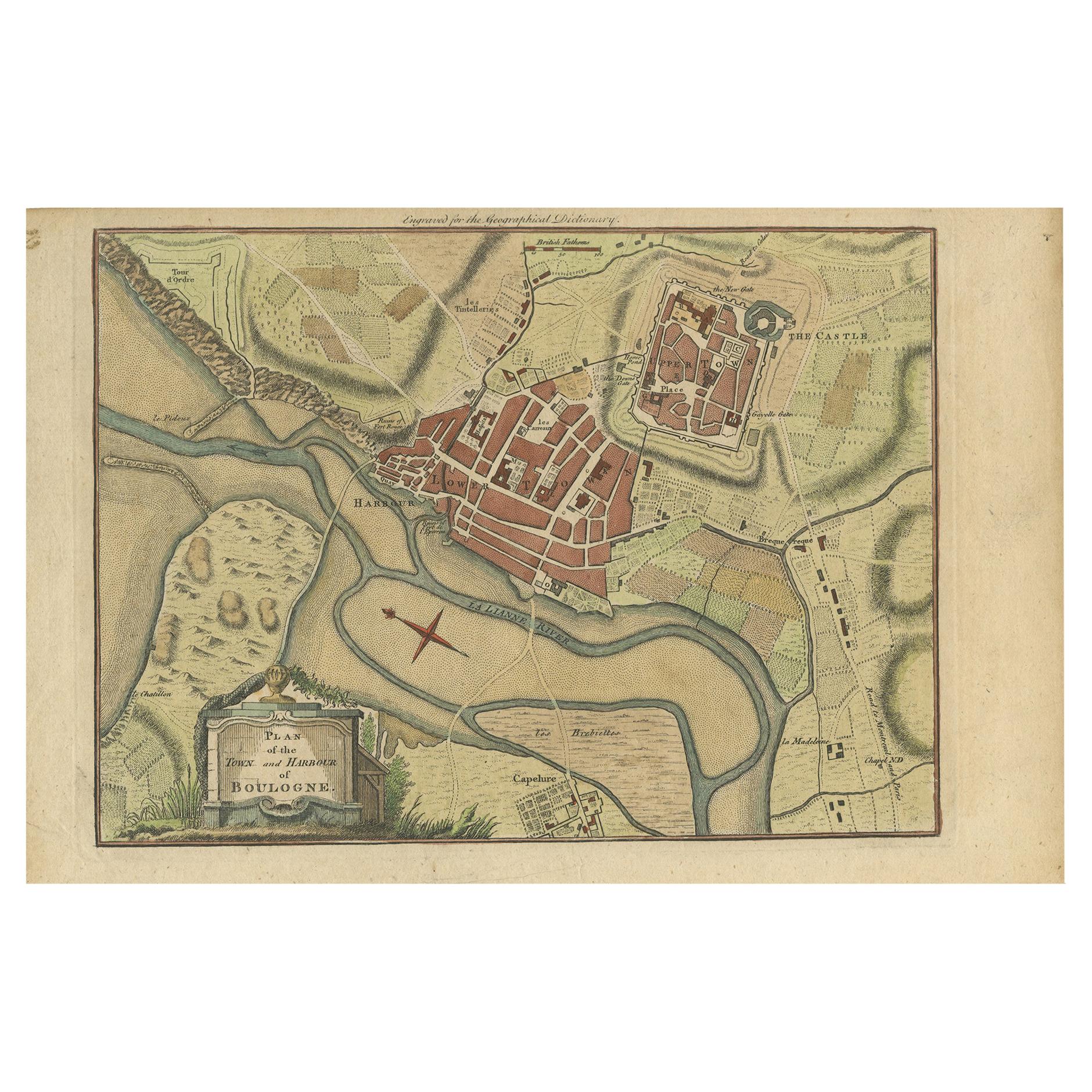 Plano antiguo de la ciudad y el puerto de Boulogne-sur-Mer por Barrow 'c.1760'