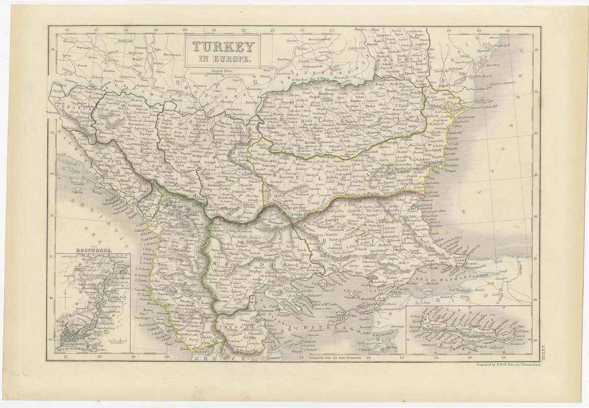 Antique Plan of Turkey in Europe with Inset Map of the Bosporus, ca.1850