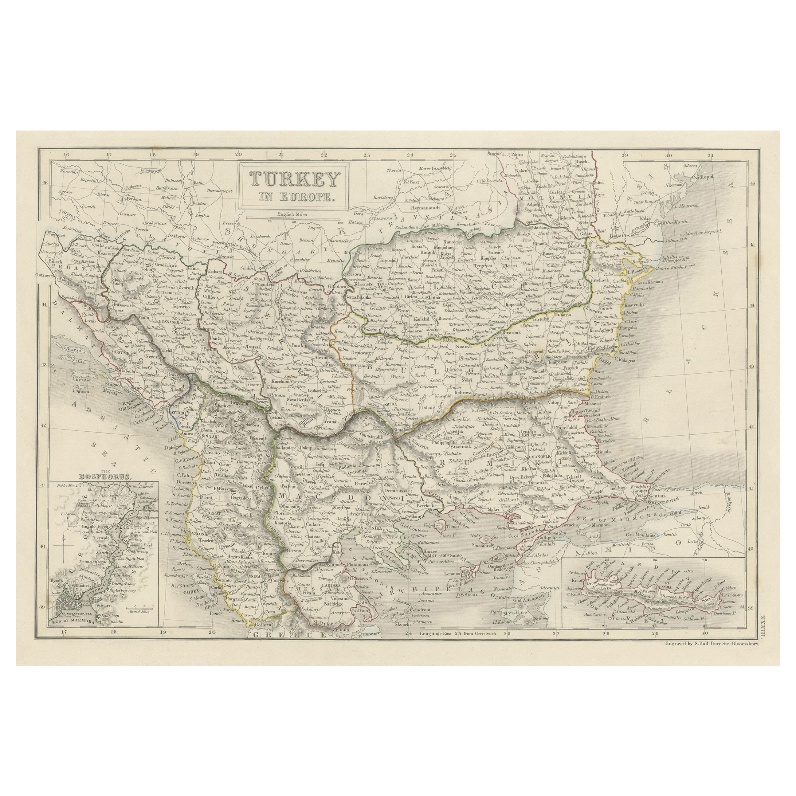 Pianta antica della Turchia in Europa con inserto della mappa del Bosforo, 1850 ca.