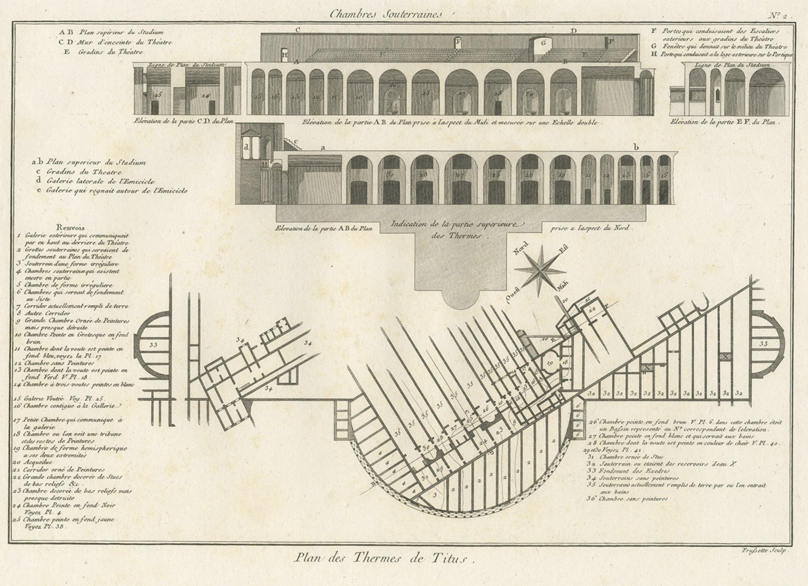 Antique print titled 'Plan des Thermes de Titus Partie Superieure'. 

Plan of the underground areas of the Baths of Titus. The Baths of Titus or Thermae Titi were public baths (Thermae) built in 81 AD at Rome, by Roman emperor Titus. This print