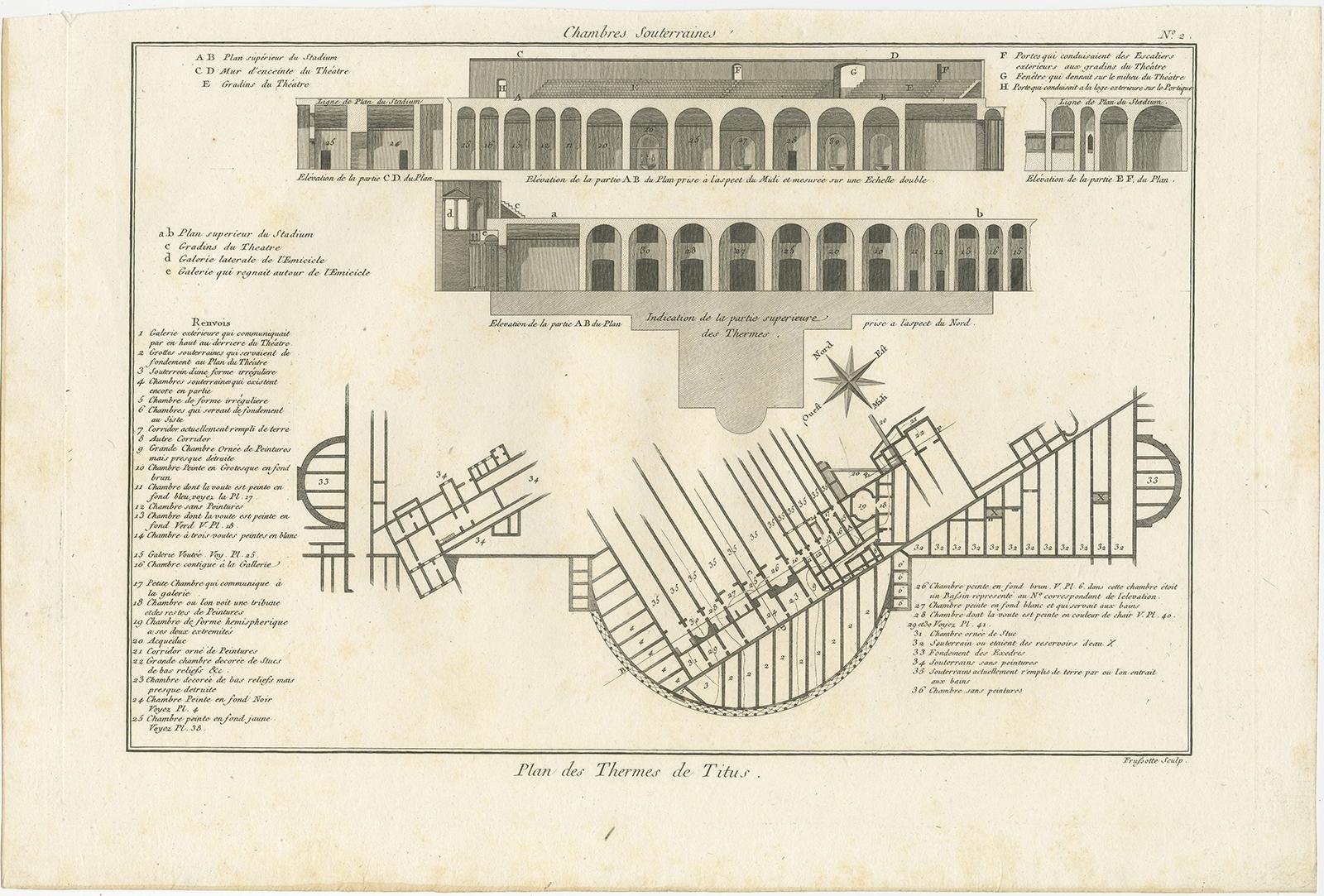 Plan antique d'une grotte souterraine des bains de l'empereur Titus, Rome, Italie, 1786 Bon état - En vente à Langweer, NL