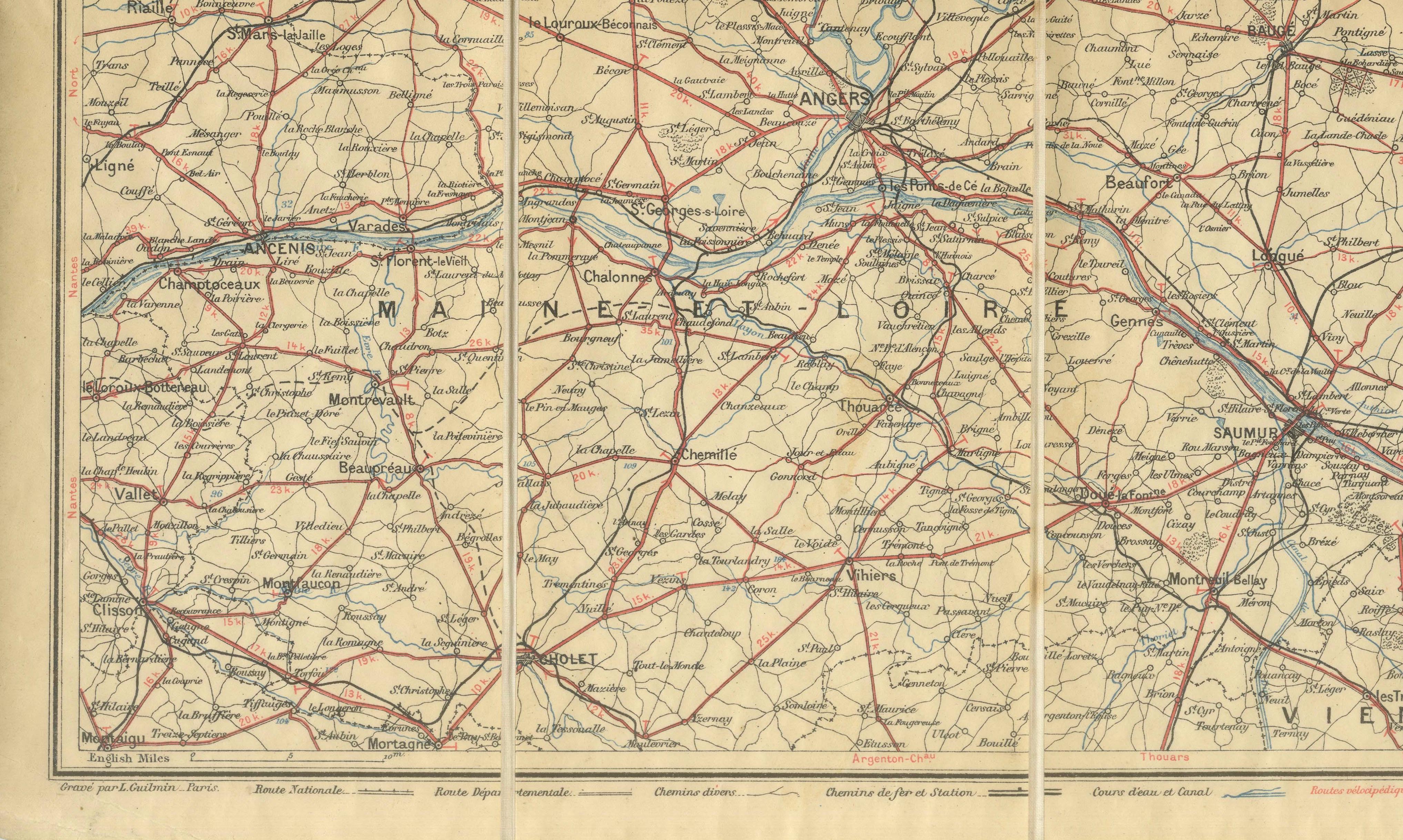 Antique Plan Vélo de la Touraine Cycling Map, Edward Stanford, 1902