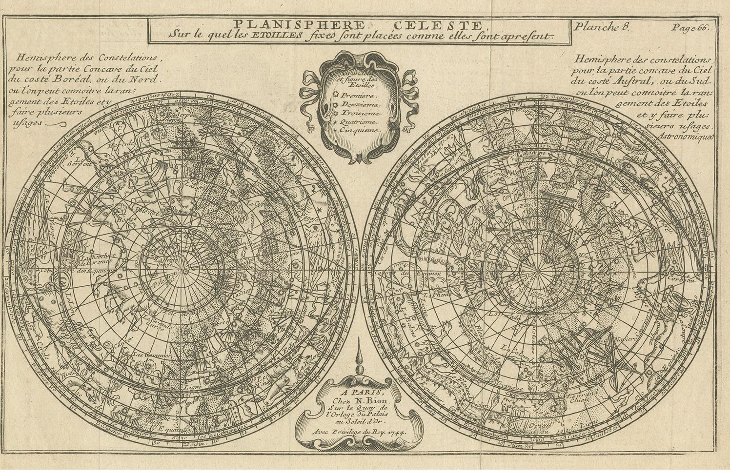 Antique map titled 'Planisphere Celeste'. Planisphere with various constellations. This map originates from 'L'Usage des globes célestes et terrestres et des sphères (..)' by N. Bion (1751).