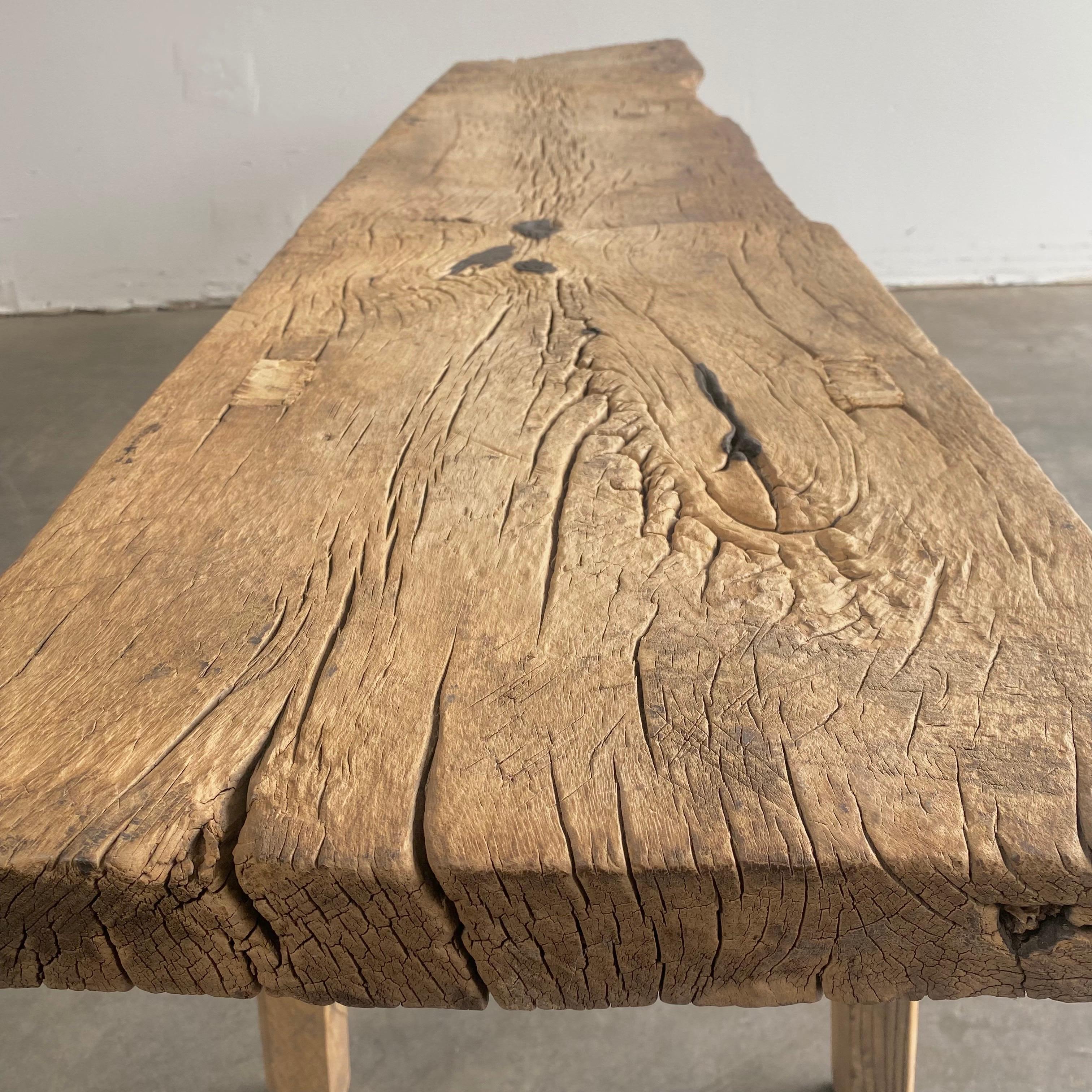 Antique Plank Top Elm Wood Bench 2