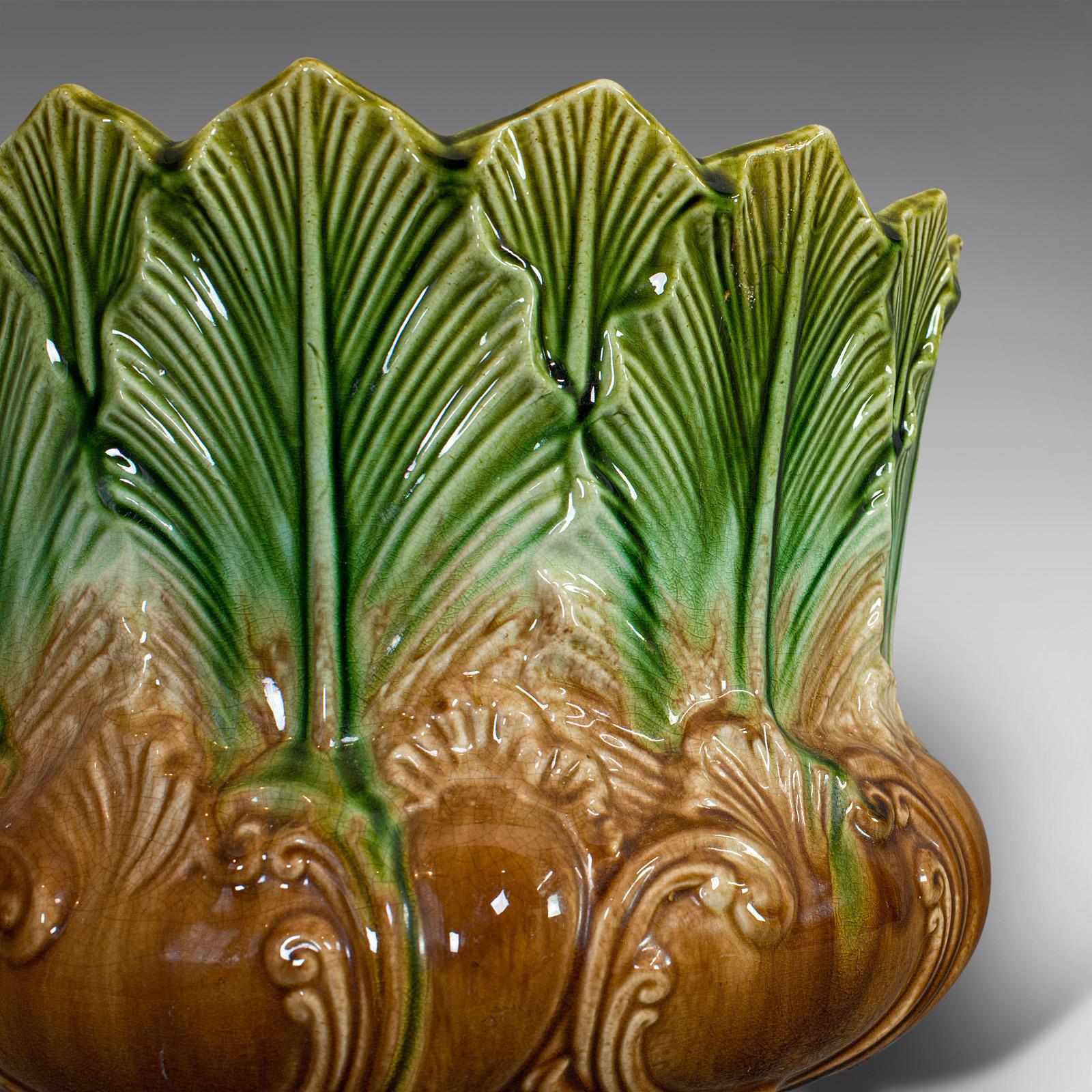Ceramic Antique Planter, English, Majolica, New Leaf, Jardinière, Art Nouveau, Victorian