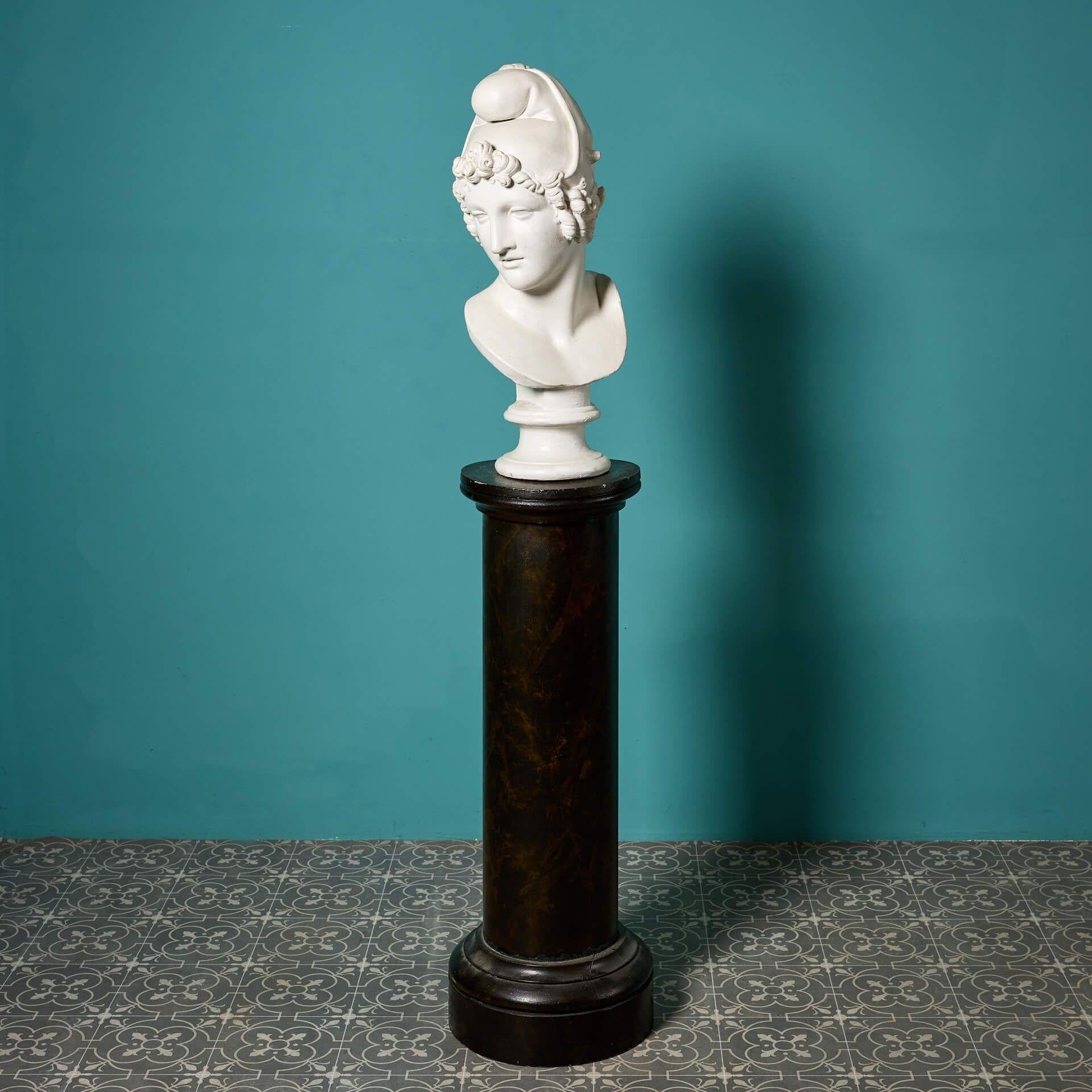 Grand Tour Antique Plaster Bust of Apollo on a Simulated Marble Column For Sale