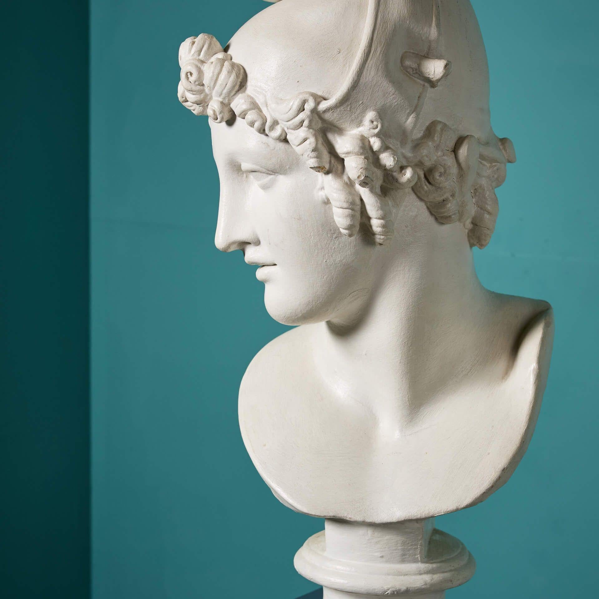 Painted Antique Plaster Bust of Apollo on a Simulated Marble Column For Sale