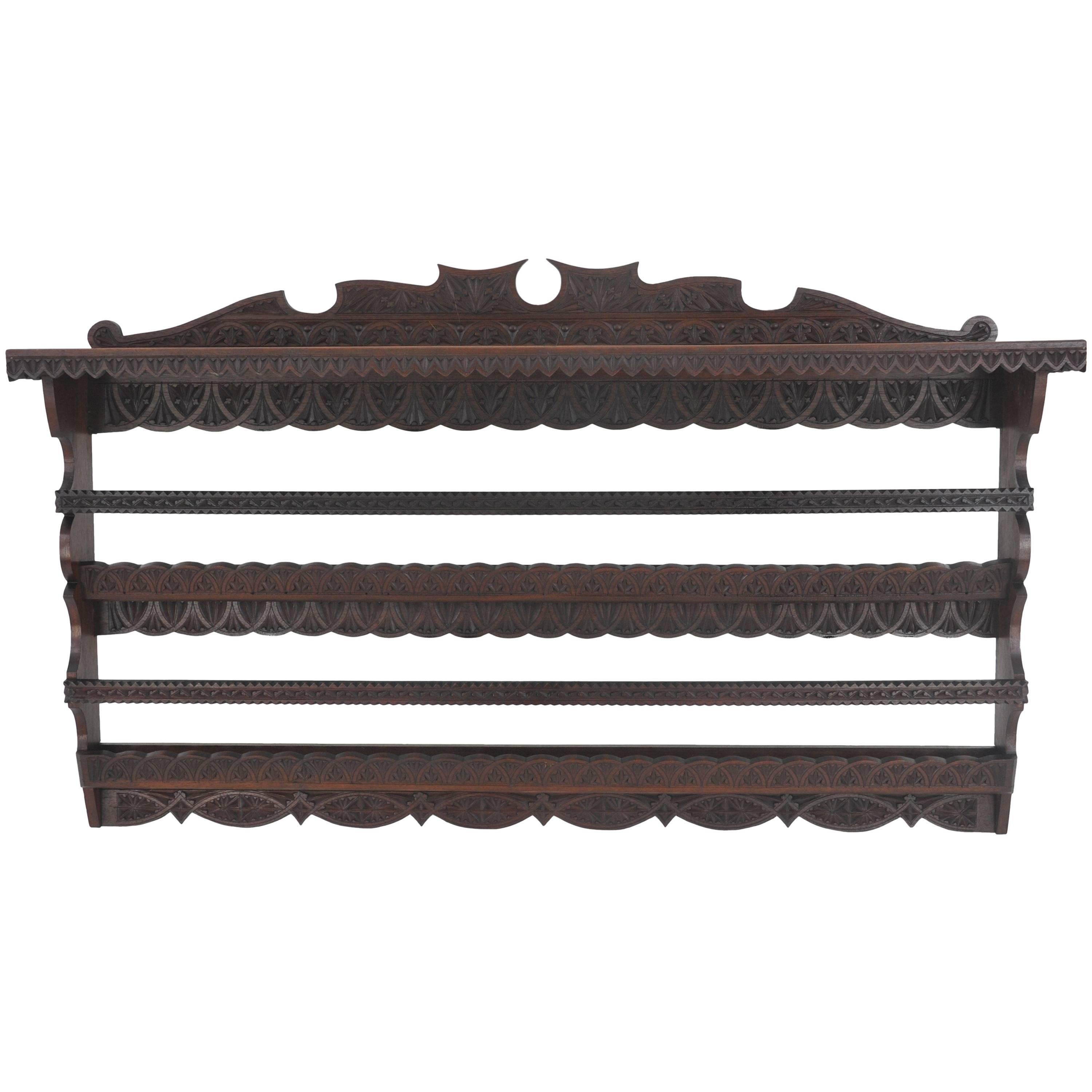 Antique Plate Rack, Solid Walnut, Victorian, Carved, Hanging Shelf B988A REDUCED