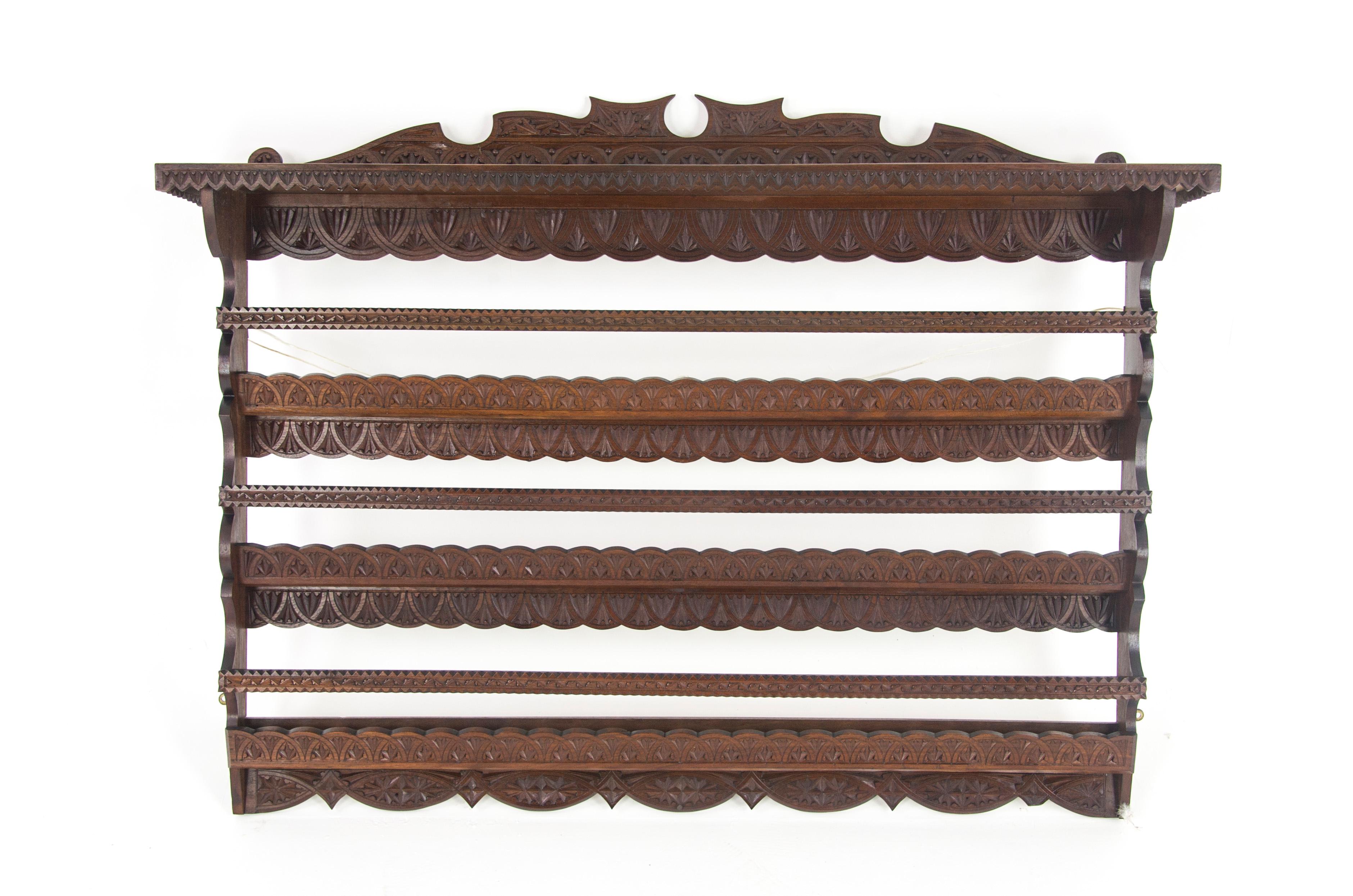 Antique Plate Rack, Solid Walnut, Victorian, Chip Carved, Hanging Shelf REDUCED! 3