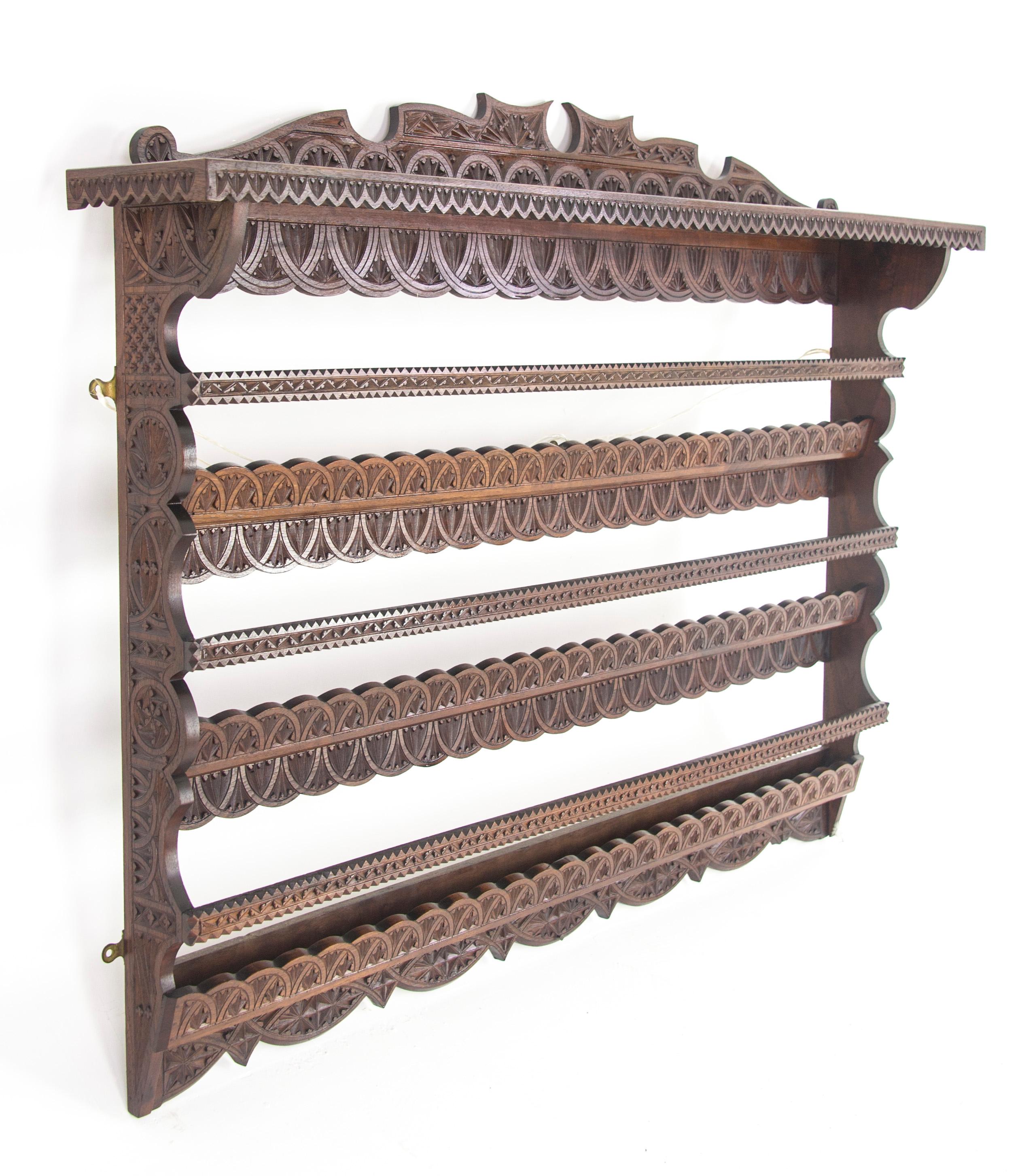 Antique Plate Rack, Solid Walnut, Victorian, Chip Carved, Hanging Shelf REDUCED! In Excellent Condition In Vancouver, BC